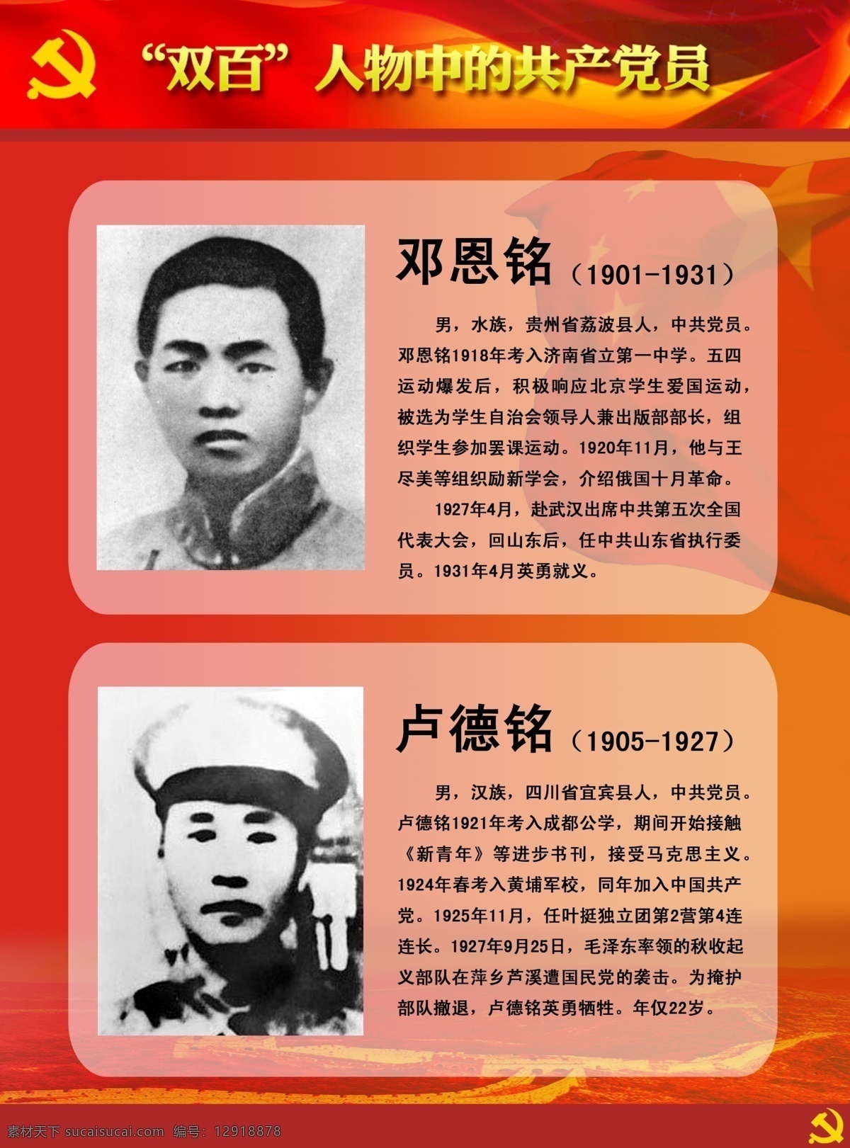 双百人物展板 双百 人物 中 共产党员 邓恩铭 卢德铭 英雄人物 牺牲 英雄 展板模板 广告设计模板 源文件