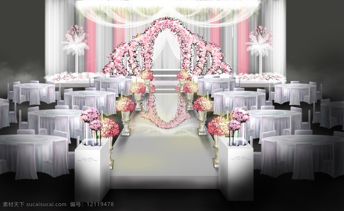 粉白 婚礼 皇冠 花门 效果图 串串灯 婚礼舞台 手绘婚礼 罗马柱 银杏树 粉白婚礼