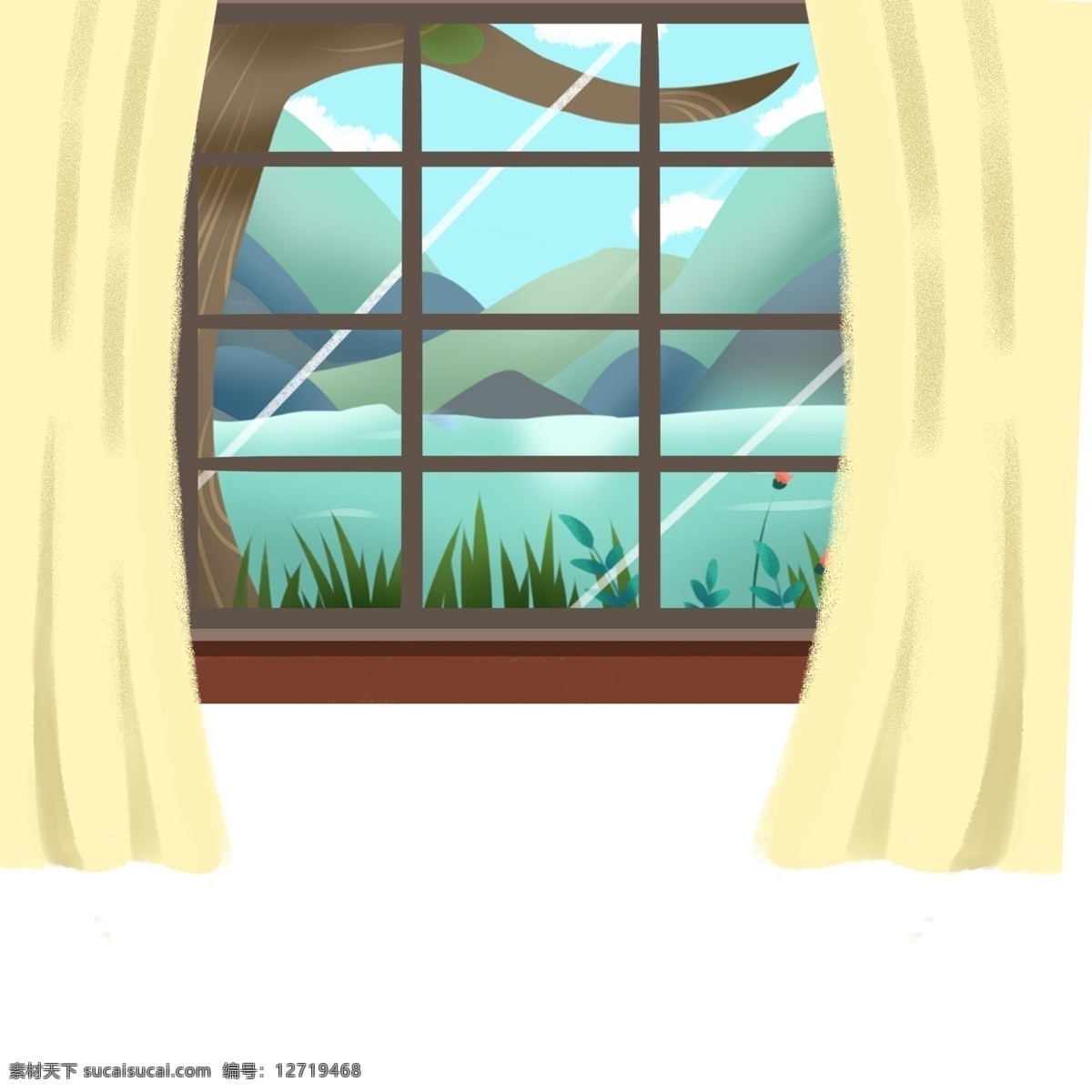 室内 窗子 风景 插画 户外 卡通 彩色 水彩 创意 手绘 绘画元素 现代 简约 装饰 图案