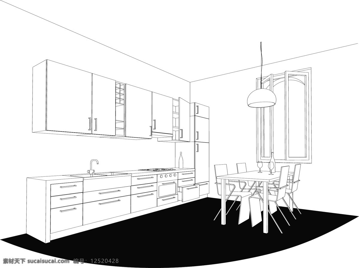 室内装饰 艺术 线条 图 矢量 办公桌 厨房 吊灯 室内 碗 椅子 装饰 菜 艺术线条图 炉 矢量图
