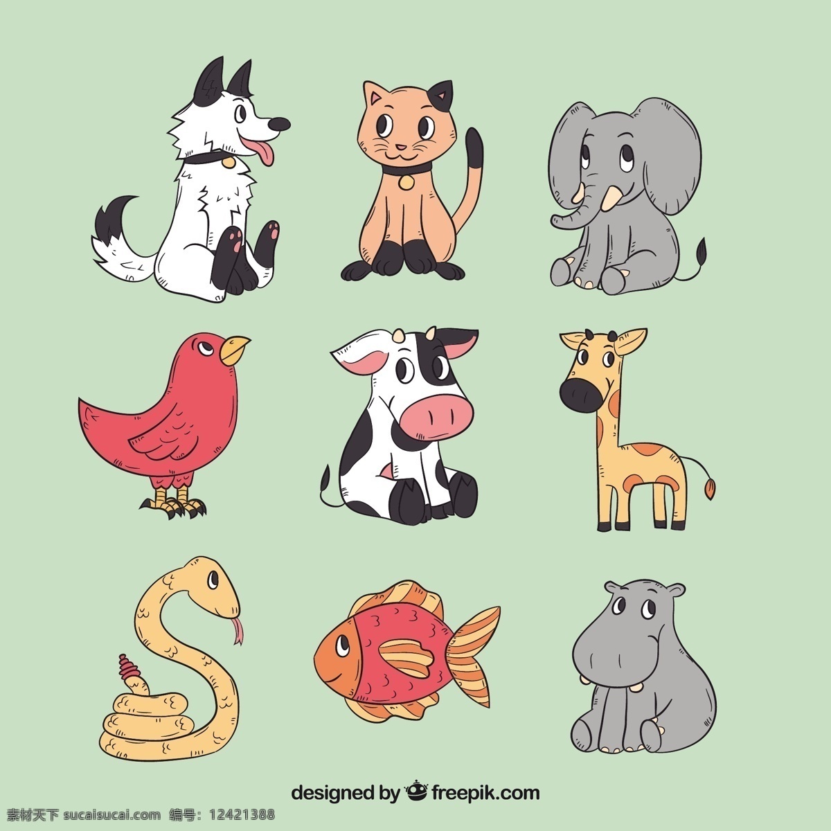 手绘卡通动物 手 狗 自然 卡通 鱼 鸟 动物 猫 手绘 可爱 微笑 快乐 彩色 牛 大象 画 甜 笑 有趣