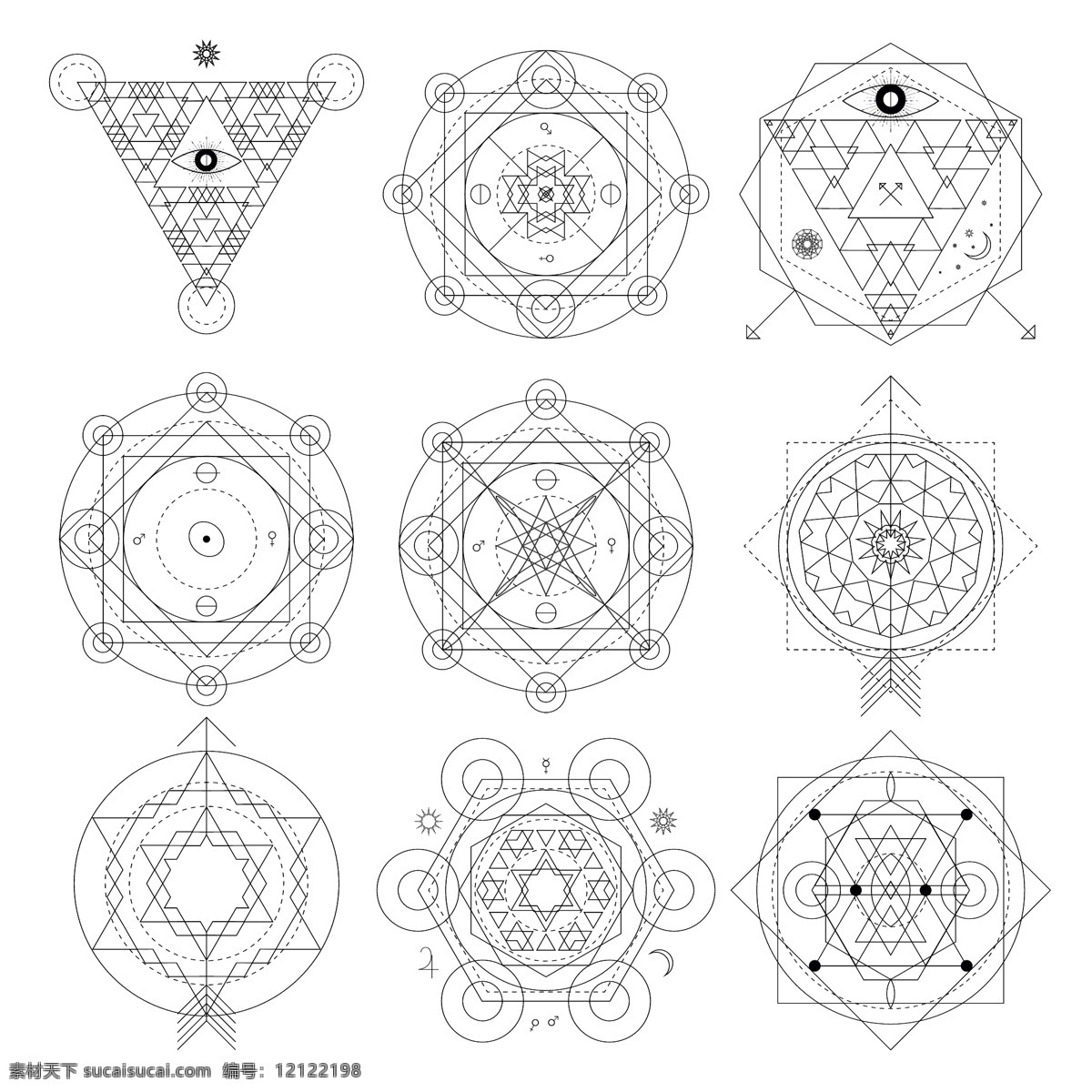 设计印刷 几何 多边形 创意 法 阵 矢量 平面 星阵 线条 圆形 法阵 点状 黑白