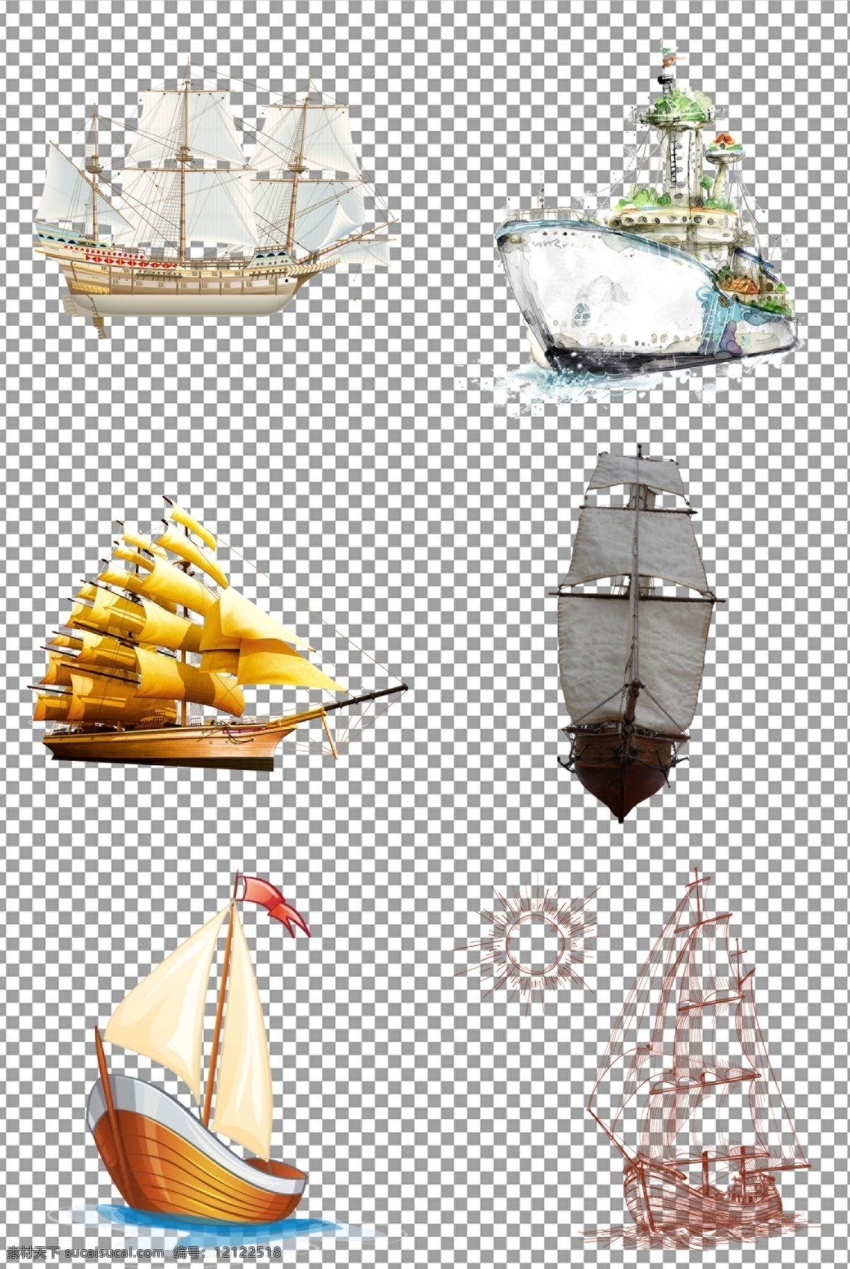 卡通 可爱 帆船 手绘 免抠 无背景 免抠图 抠图 元素 透明 通道 png免抠图 分层