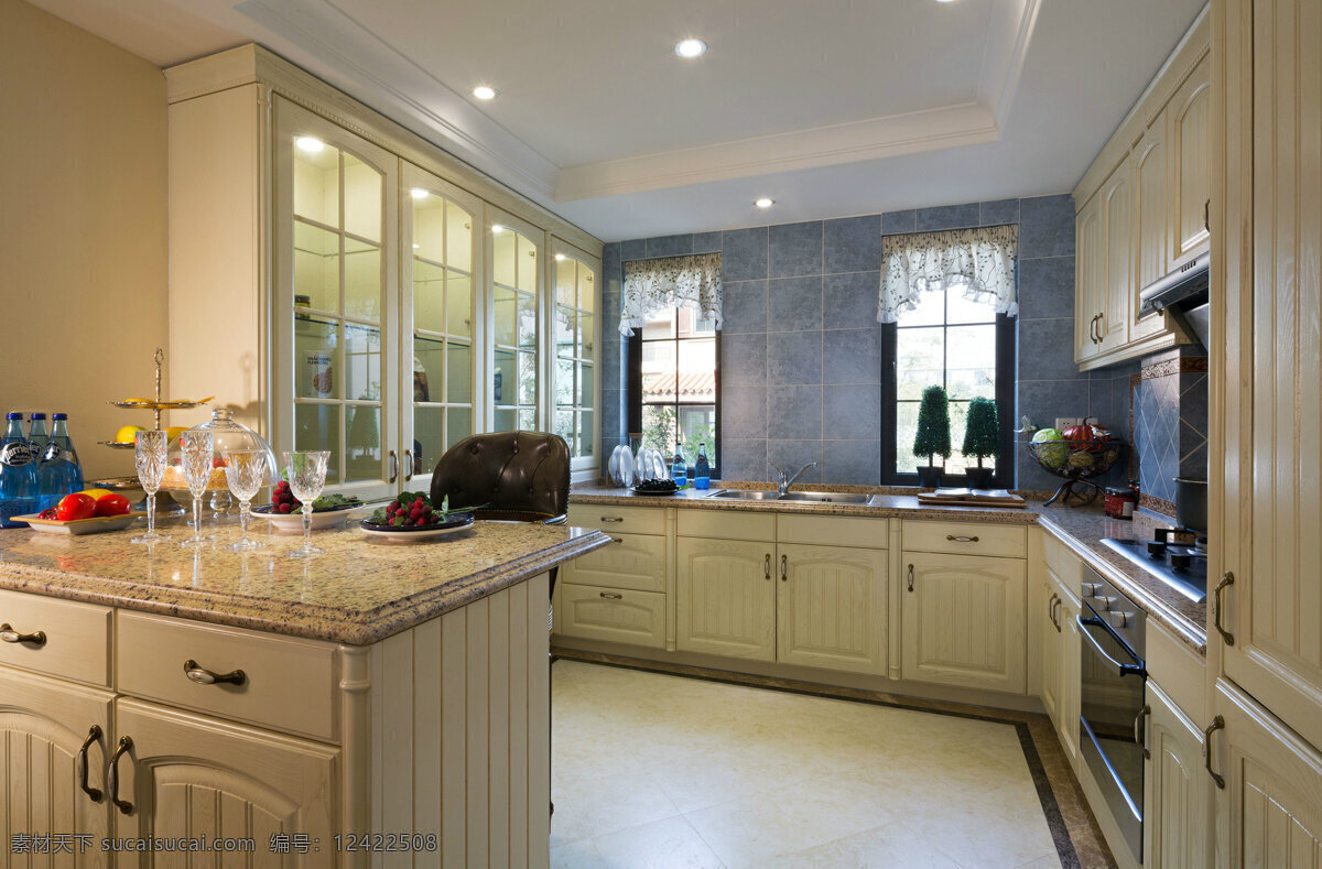 简约 现代 开放式 厨房 吧台 装修 效果图 白色射灯 白色吊顶 橱柜 窗户 灶具