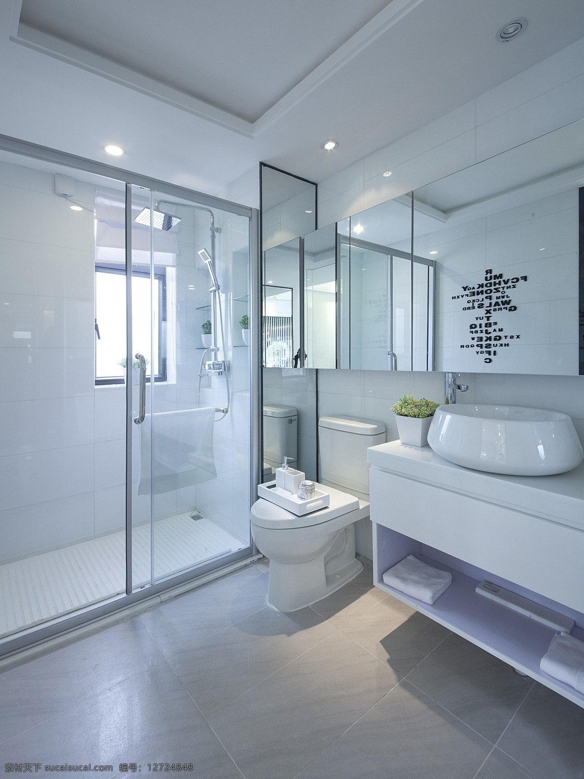 现代 简约 浴室 白色 系 装饰 室内装修 效果图 浅色地板 浴室装修 白色洗手台 方形镜子