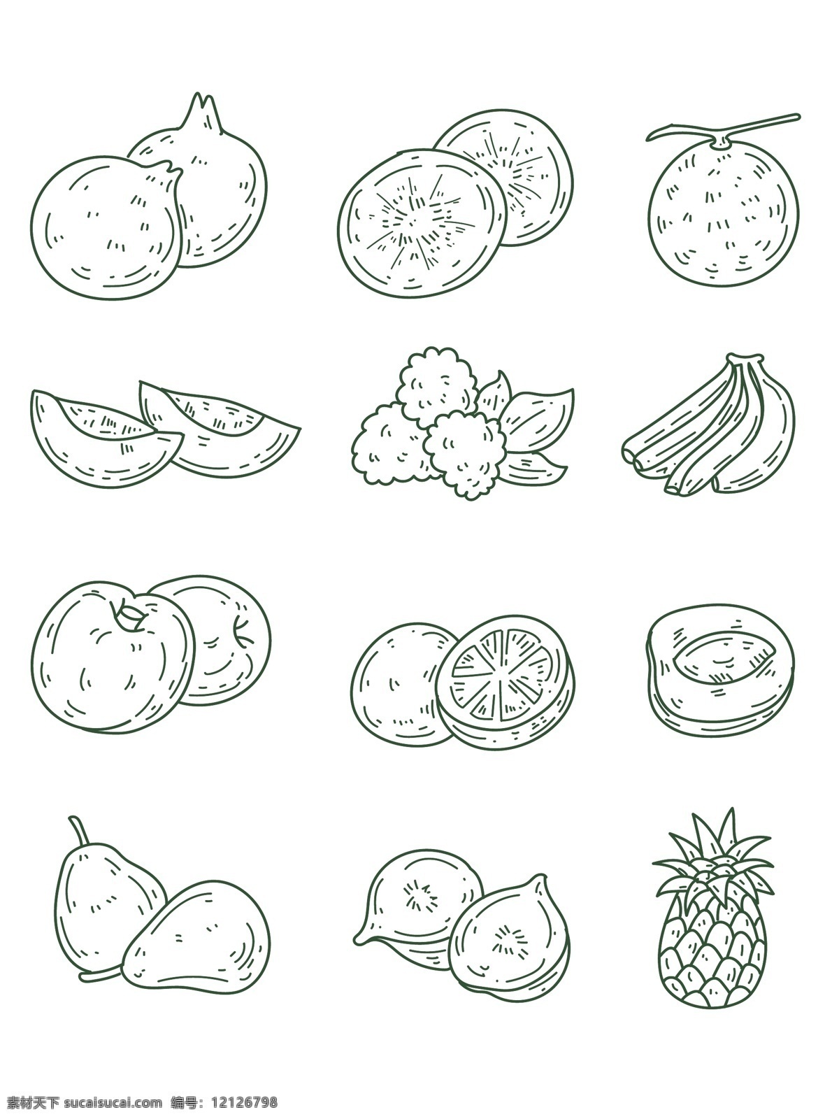 水果失量图 多种水果 菠萝 水果 线条水果 生活百科 餐饮美食