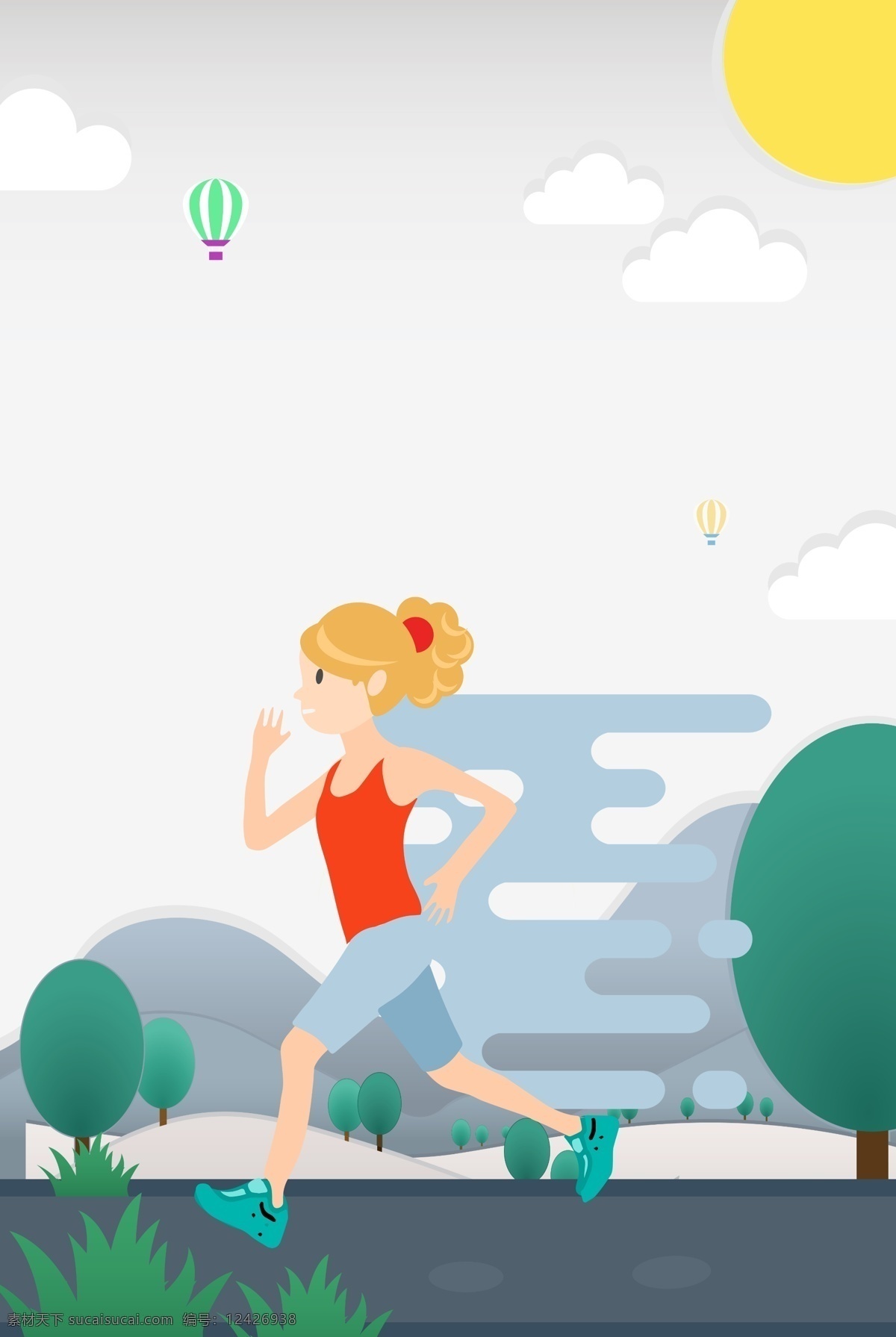 运动 女孩 户外 跑步 简约 海报 户外运动 户外锻炼 跑步女孩 太阳 云 树 草 热气球