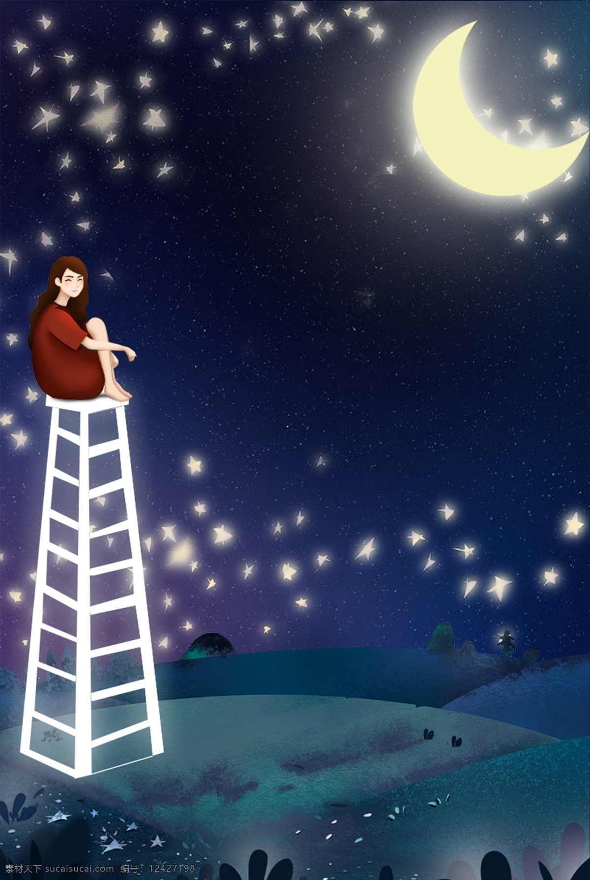 仲夏夜之梦 坐在 梯子 上 女孩 梦想 星空 唯美 蓝色 夜 月亮 星星 云 卡通 插画