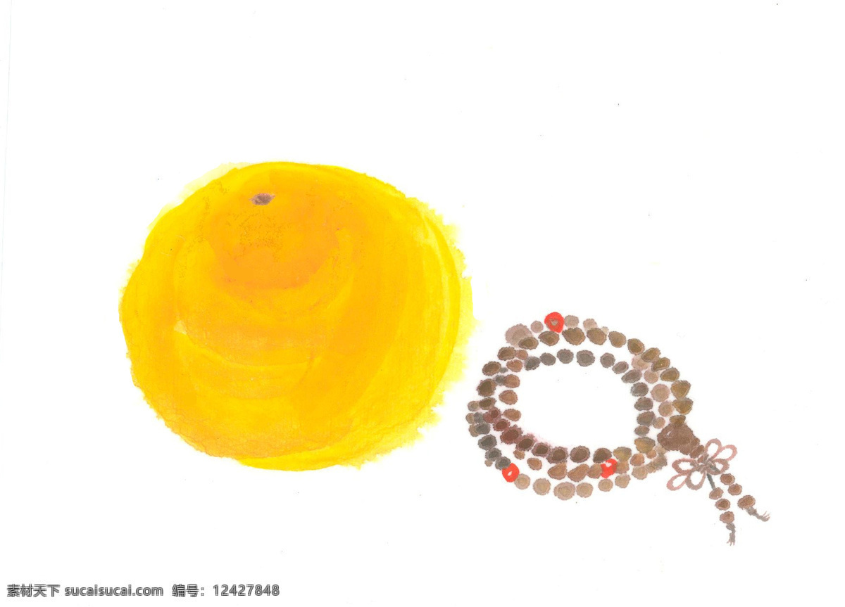 橘子与佛珠 插画 水墨 清新 禅意 元素 国风 国画 橘子 佛珠 文化艺术 宗教信仰