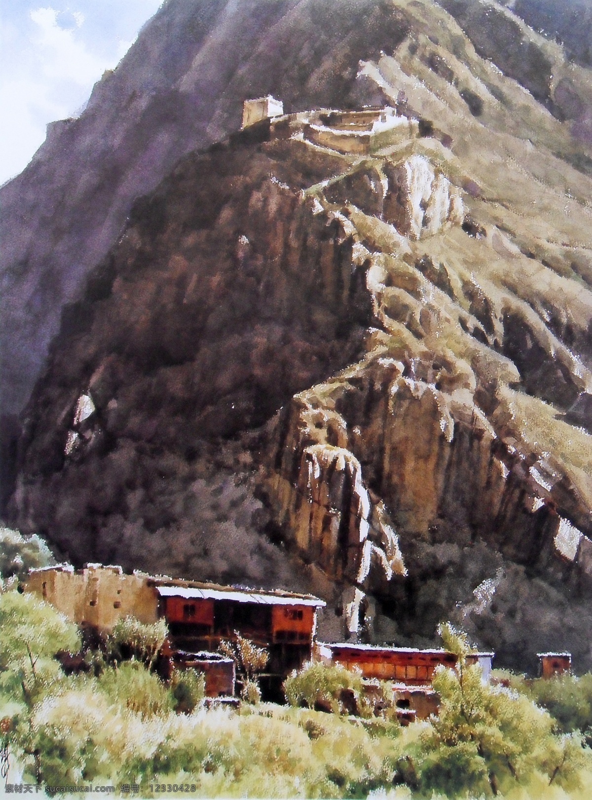 水彩画 水彩 风景 水彩风景画 黄铁山 大山 山崖 高山 黄铁山水彩画 绘画书法 文化艺术