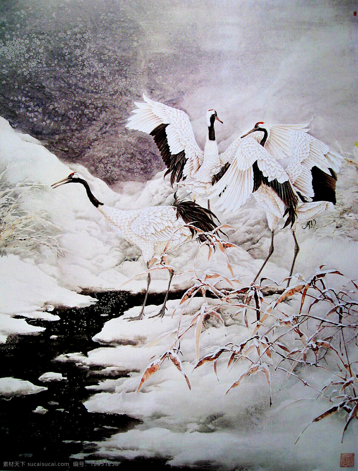 鹤舞雪野 美术 绘画 中国画 彩墨画 水墨画 花鸟画 鸟 白鹤 雪野 雪地 白雪 野草 书法 印章 国画艺术 国画集33 绘画书法 文化艺术