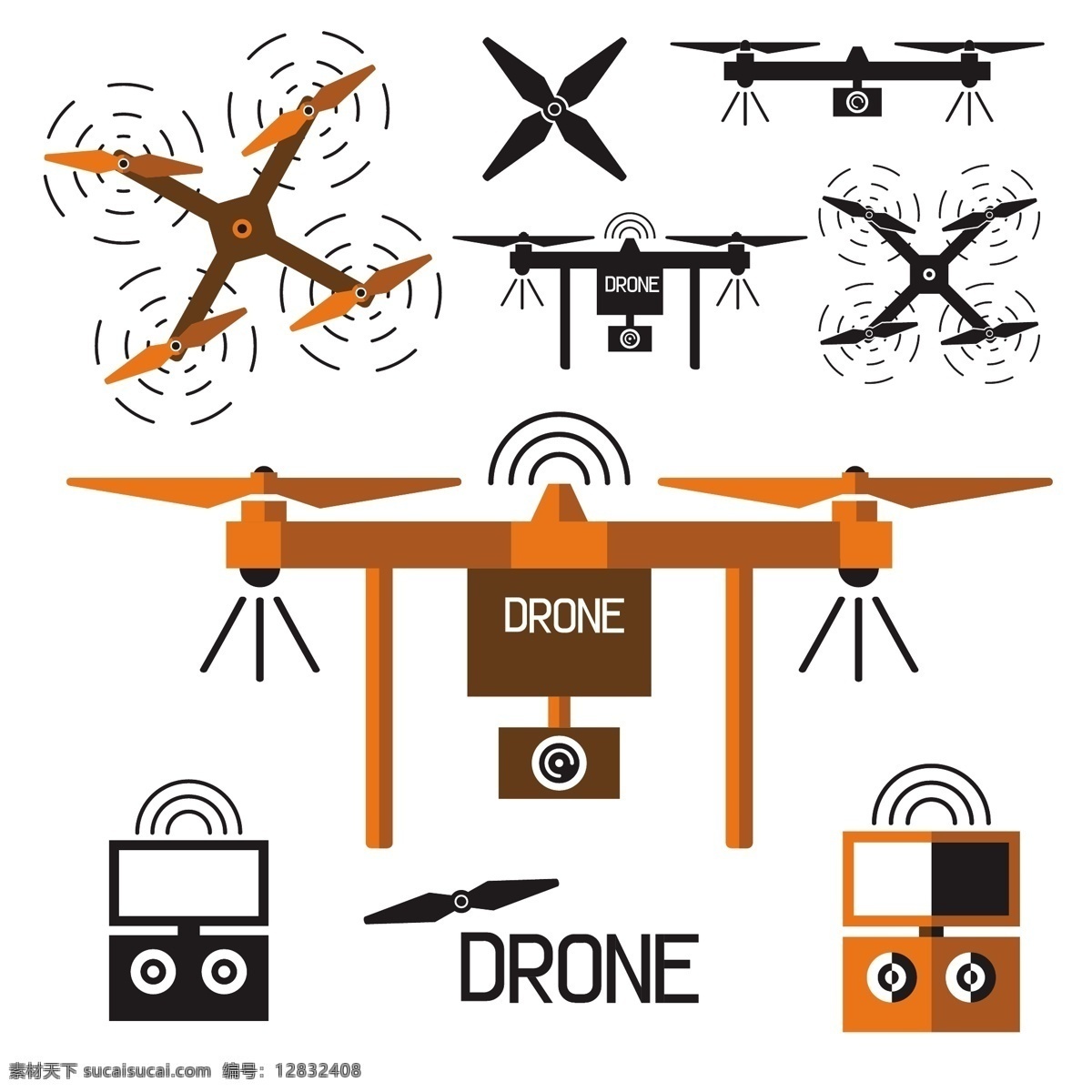 无人机 小型飞机 遥控飞机 直升机 手绘 旋翼 智能无人机 快递工具 侦察 现代科技 交通工具 矢量