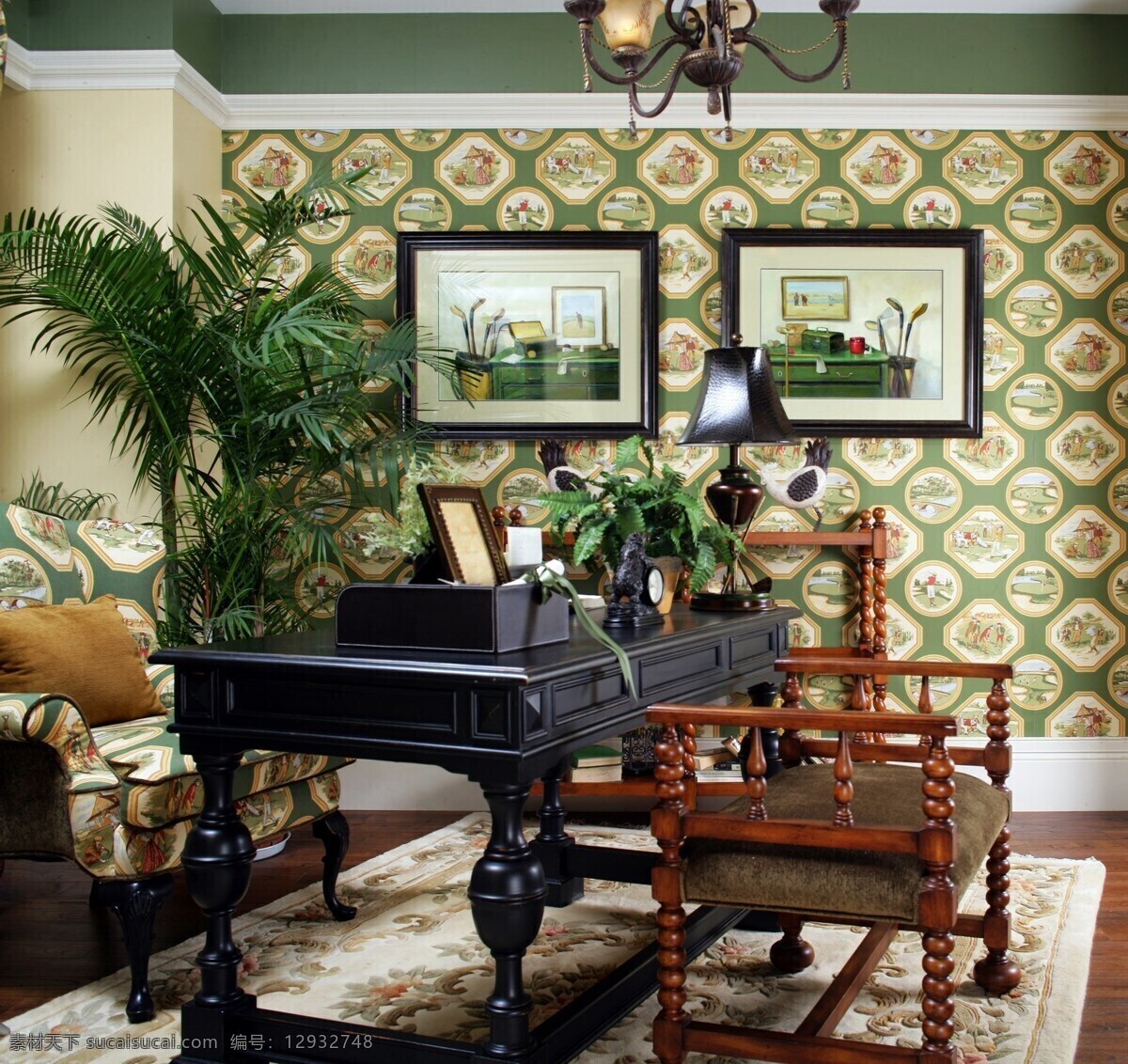 自然 素雅 美式 书房 效果图 布艺沙发 黑色书桌 绿植 木制座椅 印花壁纸 印花地毯