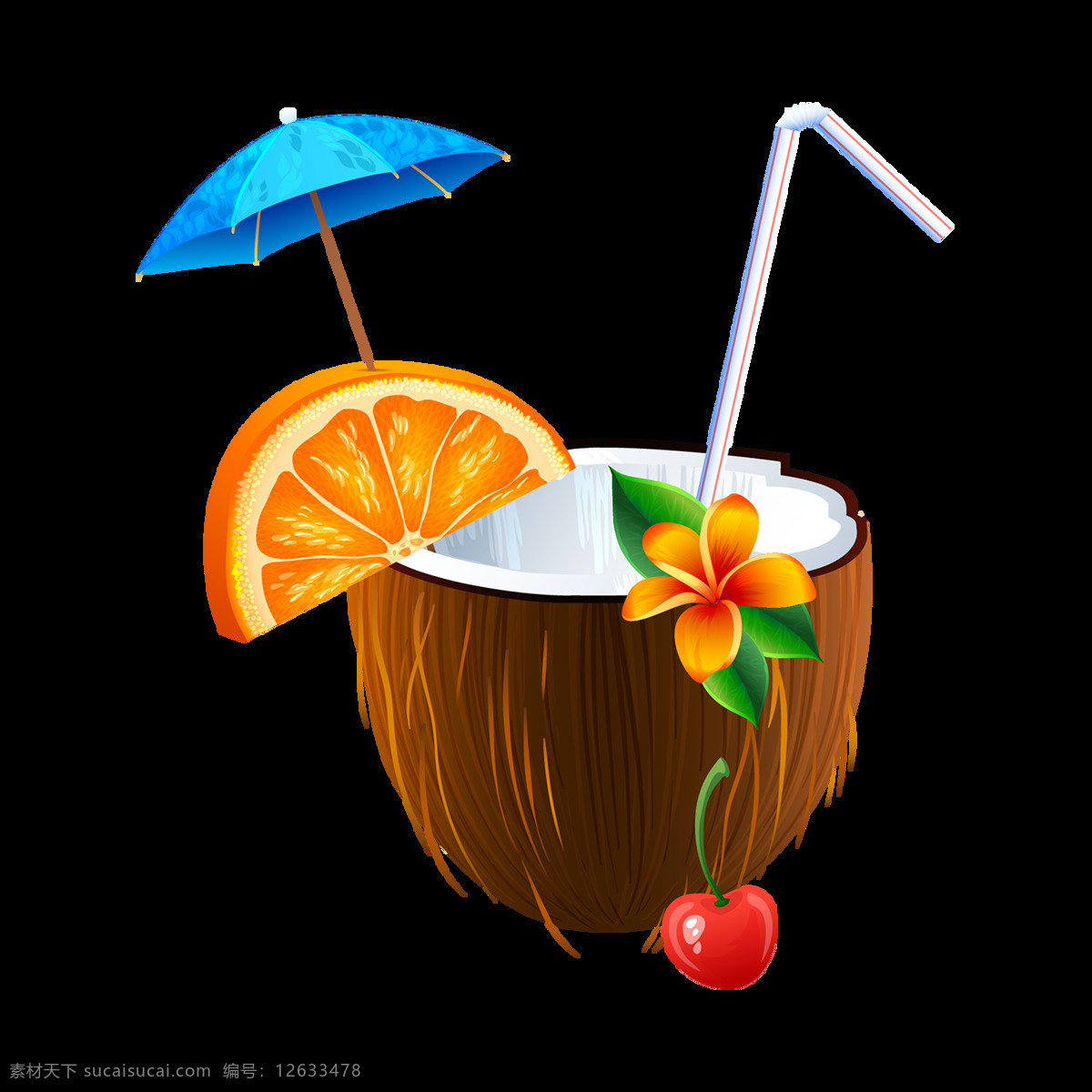 手绘 椰子 柠檬 元素 夏日凉爽 小伞 水果 椰汁 免抠