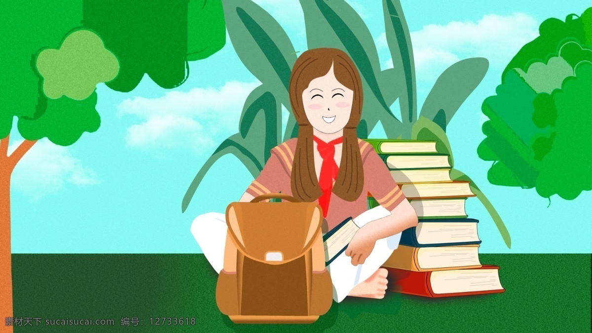 插画 开学 季 女孩 书包 书 手绘 大树 蓝天 白云 开学季 树