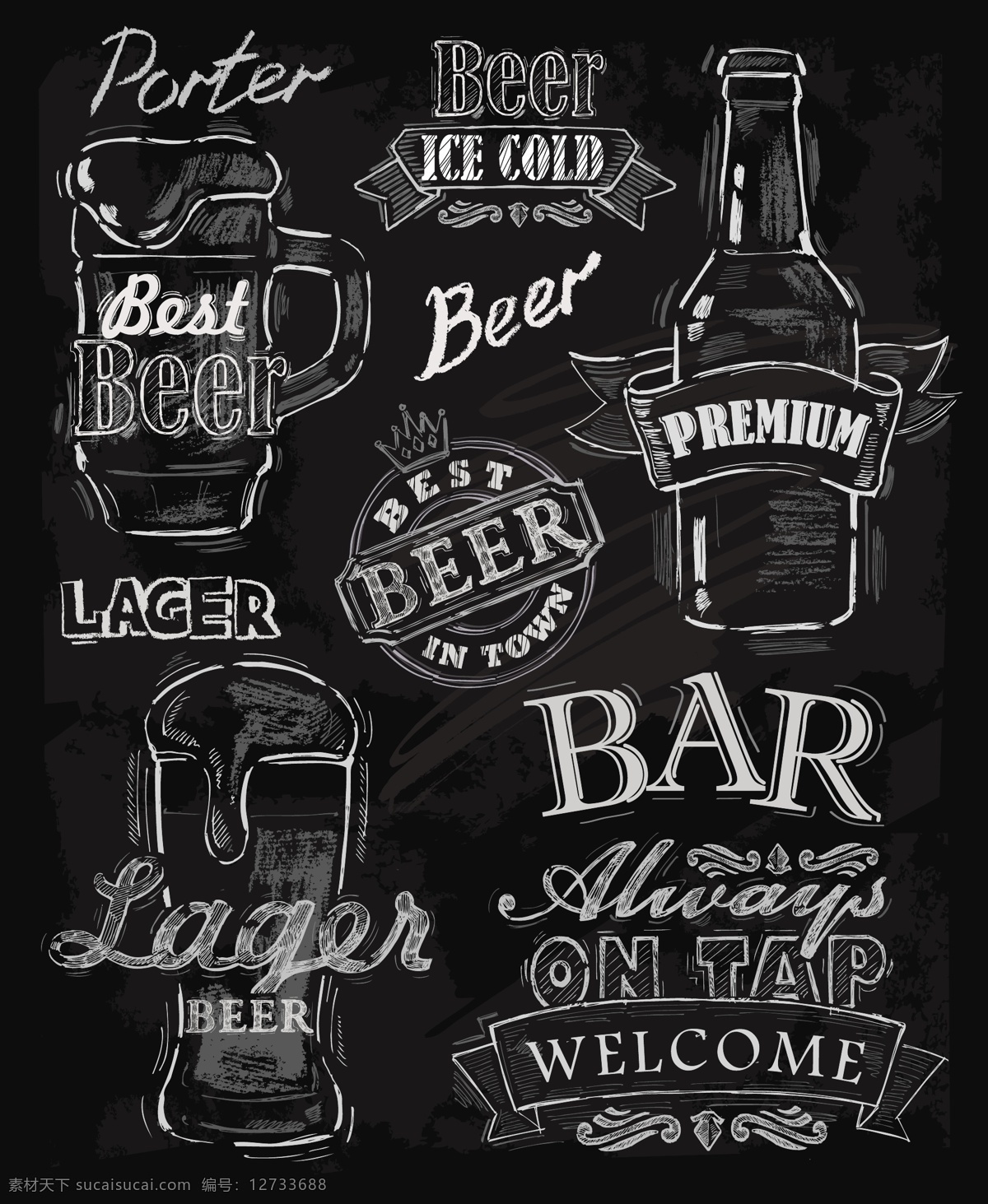 西餐厅 黑板 背景 粉笔 字画 菜单 矢量 酒杯 简约 卡通 设计素材 粉笔字 平面素材