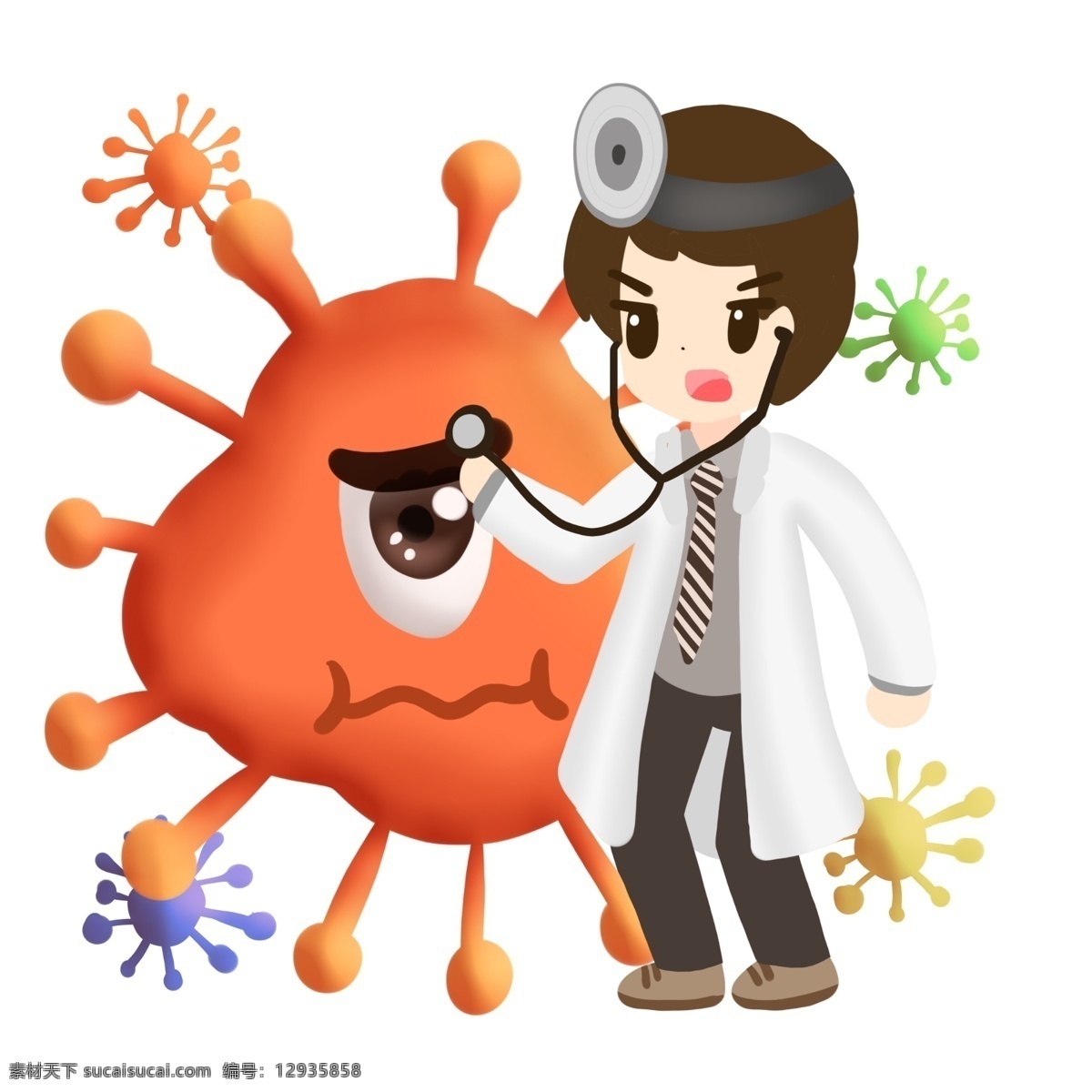 医生 医疗 橙色 病毒 细菌 卡通 听诊器 治疗 制服 医学 生物 害怕 冷笑 疾病 生病 菌体 菌状 细胞