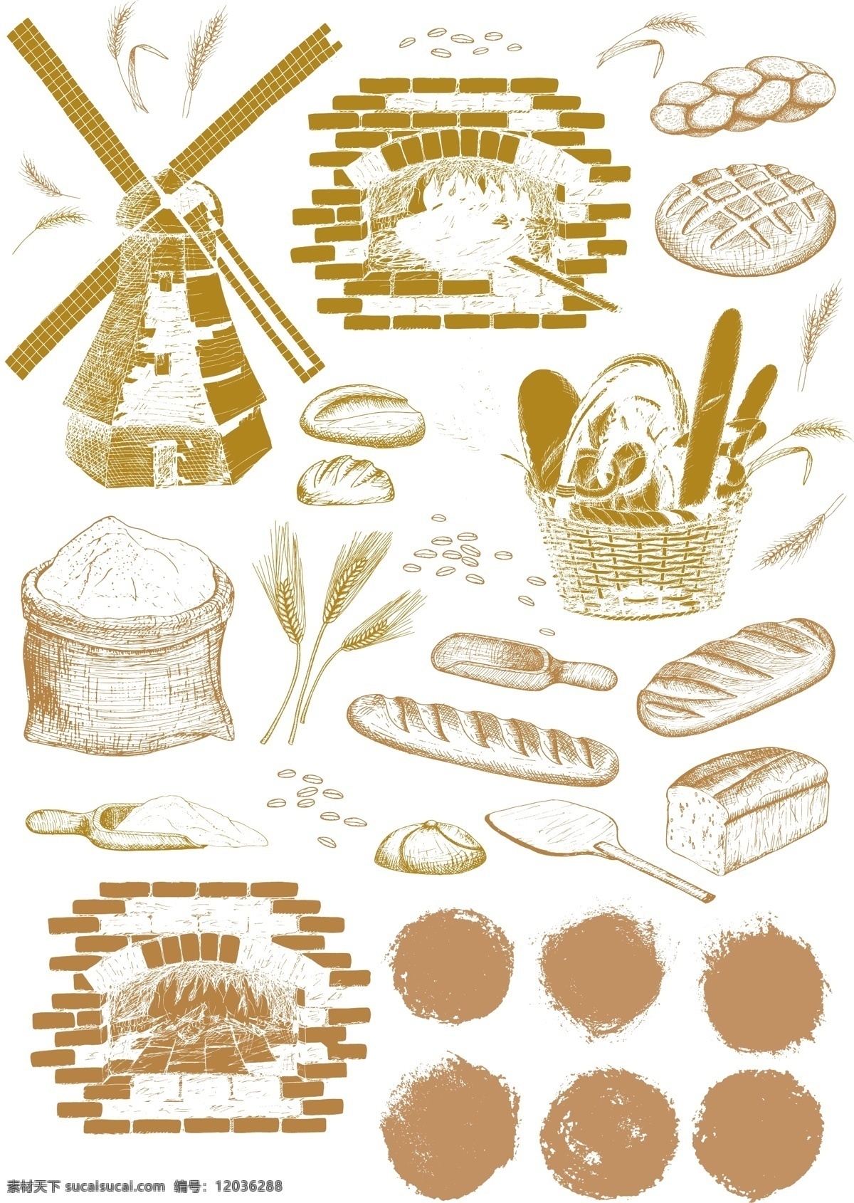 时尚 烘焙 手绘 插画 风车 小麦 面包 面粉 烘烤炉 全麦 蛋糕