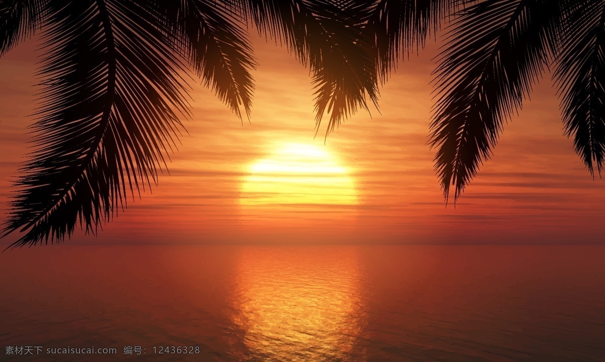 海上 夕阳 风景图片 创意 大海 风景 棕榈树叶 倒影 矢量 高清图片