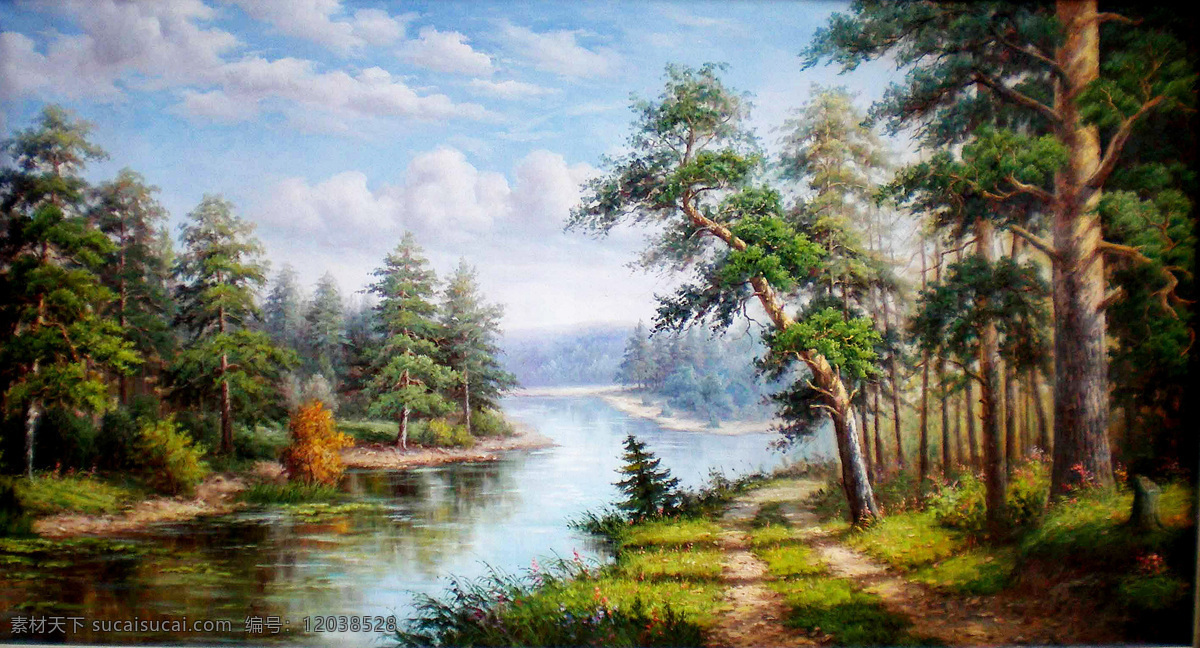 油画风景 河流 蓝天 白云 风景美图 文化艺术 绘画书法