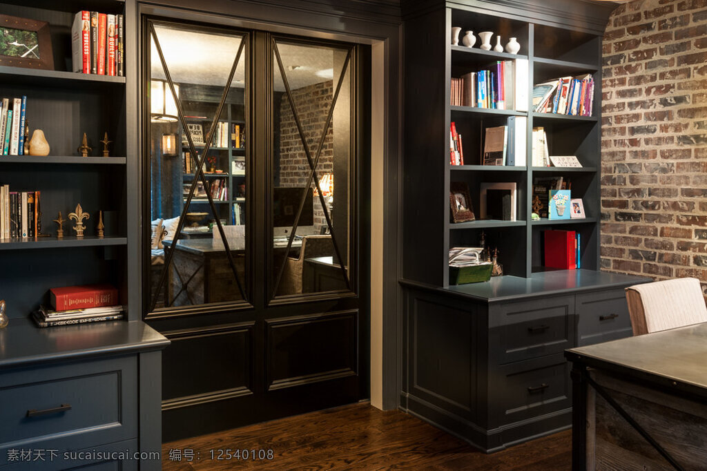 黑色 大气 严肃 美式 书房 装修 效果图 创意摆件 密度板 木制书架 室内装修 书房设计 书籍