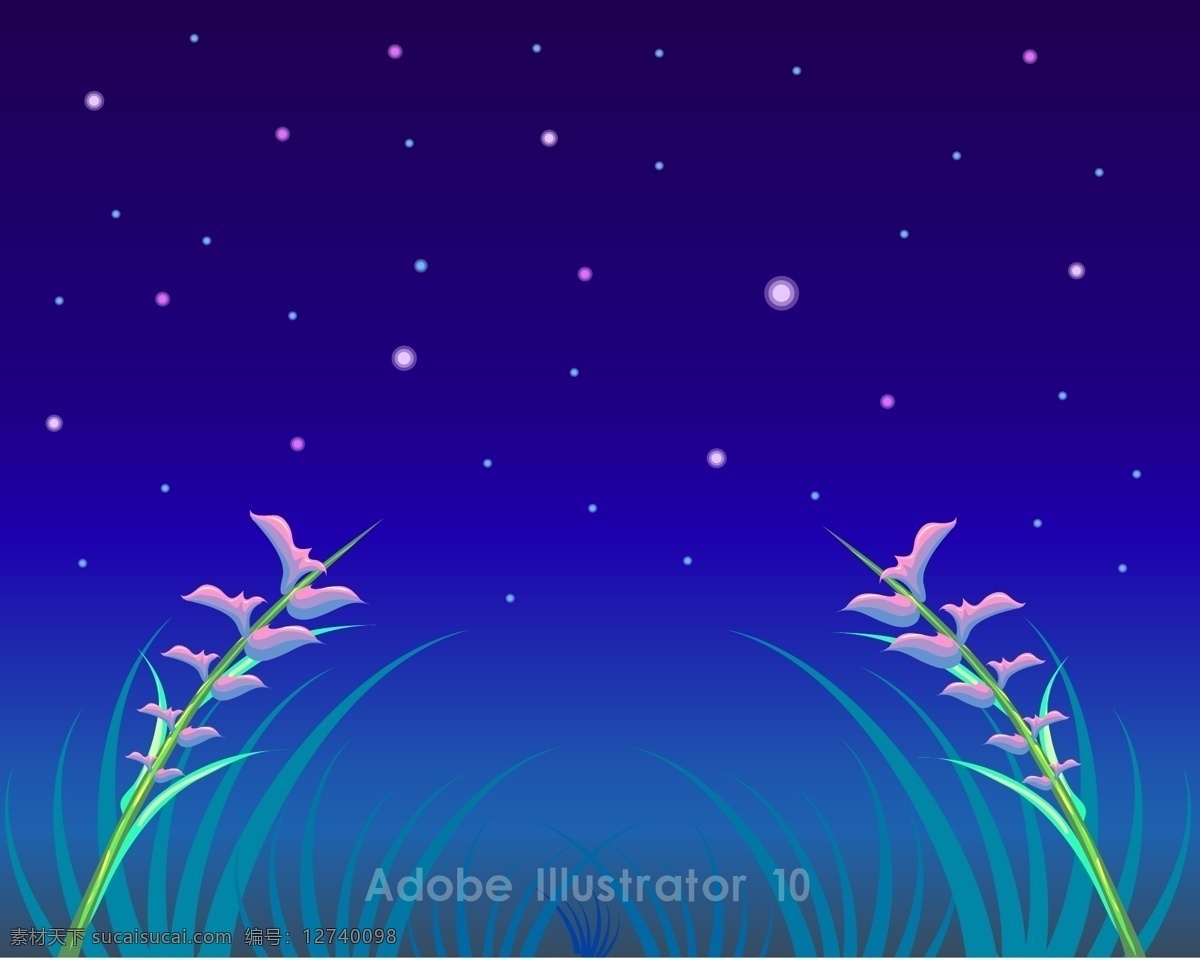 美丽 夜晚 天空 矢量 背景 材料 草 花 景观 晚上 夜空 星星的天空 美丽的 矢量图 花纹花边