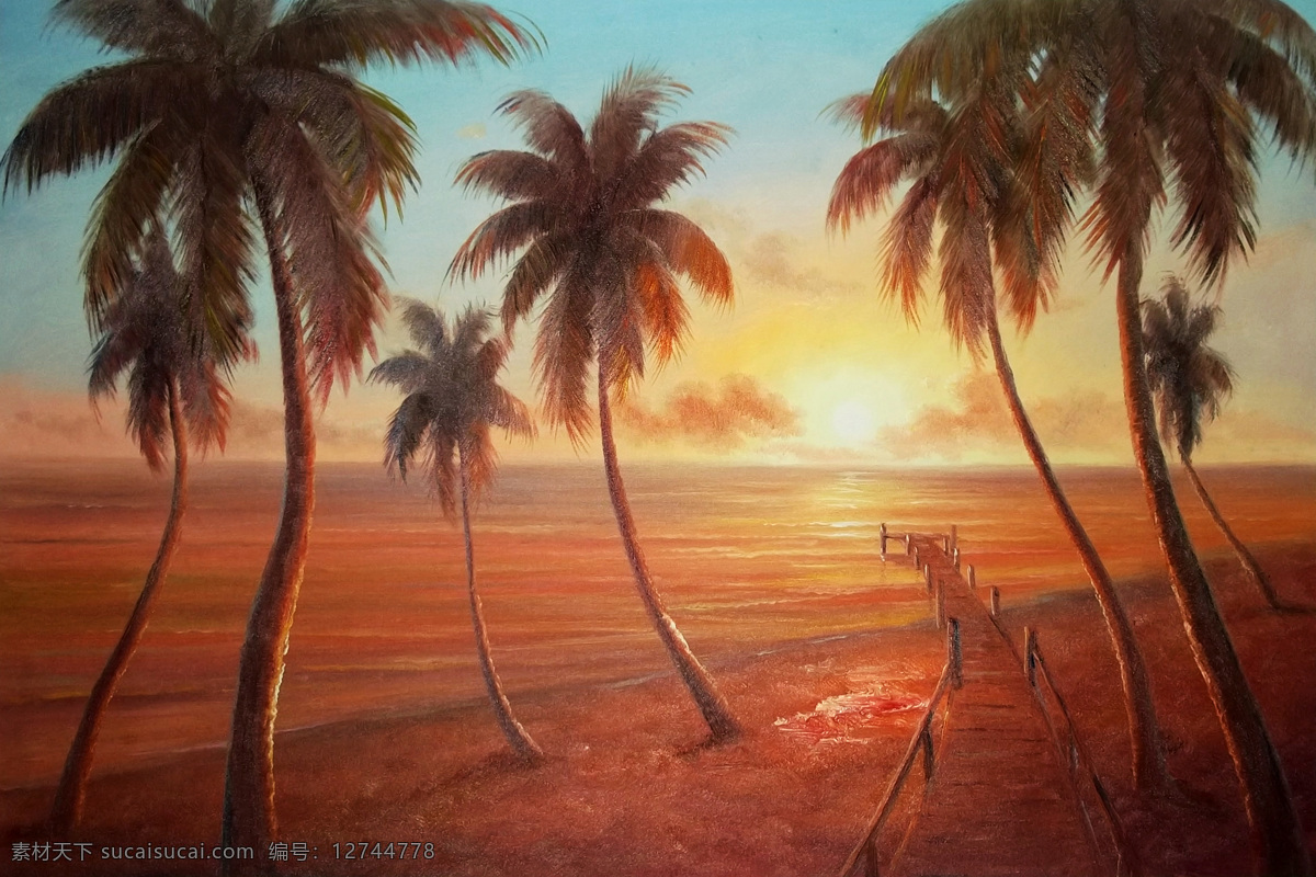 大海 风景画 海滩 绘画书法 美术 文化艺术 霞光 椰林之晨 油画 椰树 油画艺术 油画作品40 psd源文件