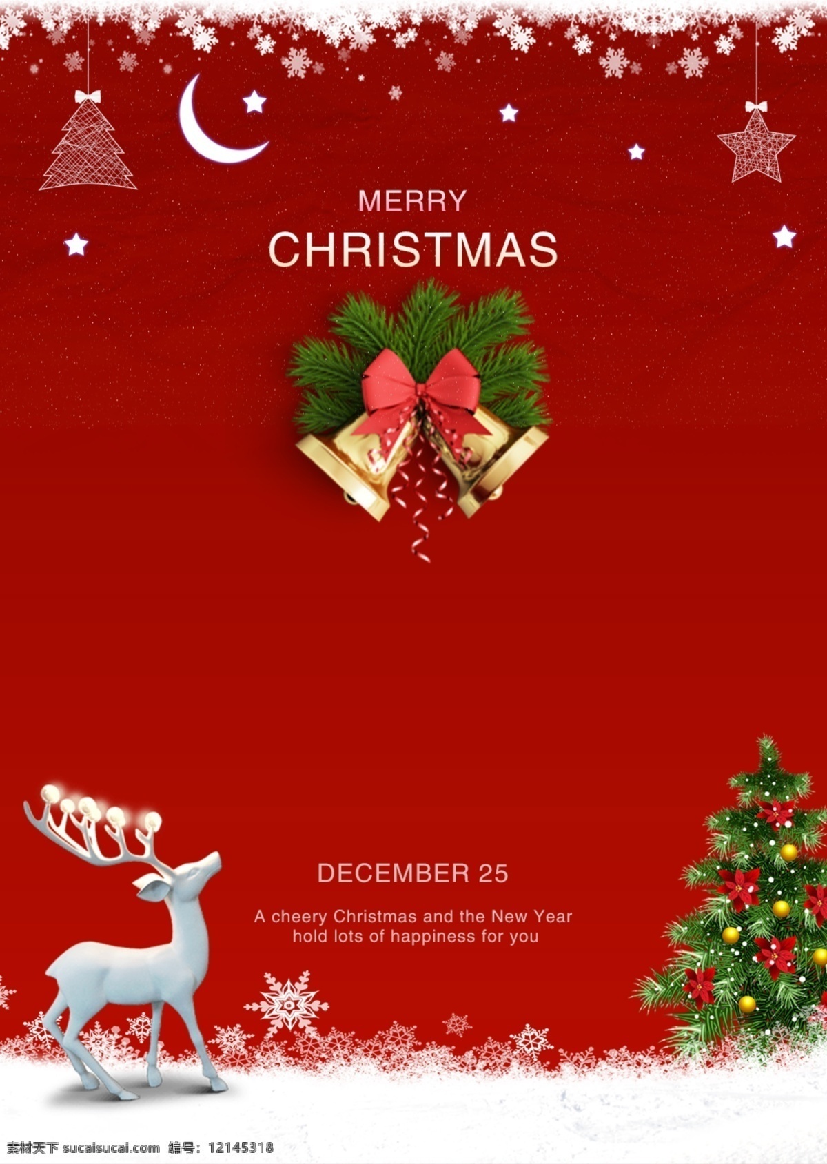 复合 海报 装饰 圣诞节 平 红色 背景 圣诞树 圣诞 月亮 小铃铛 雪花 麋鹿