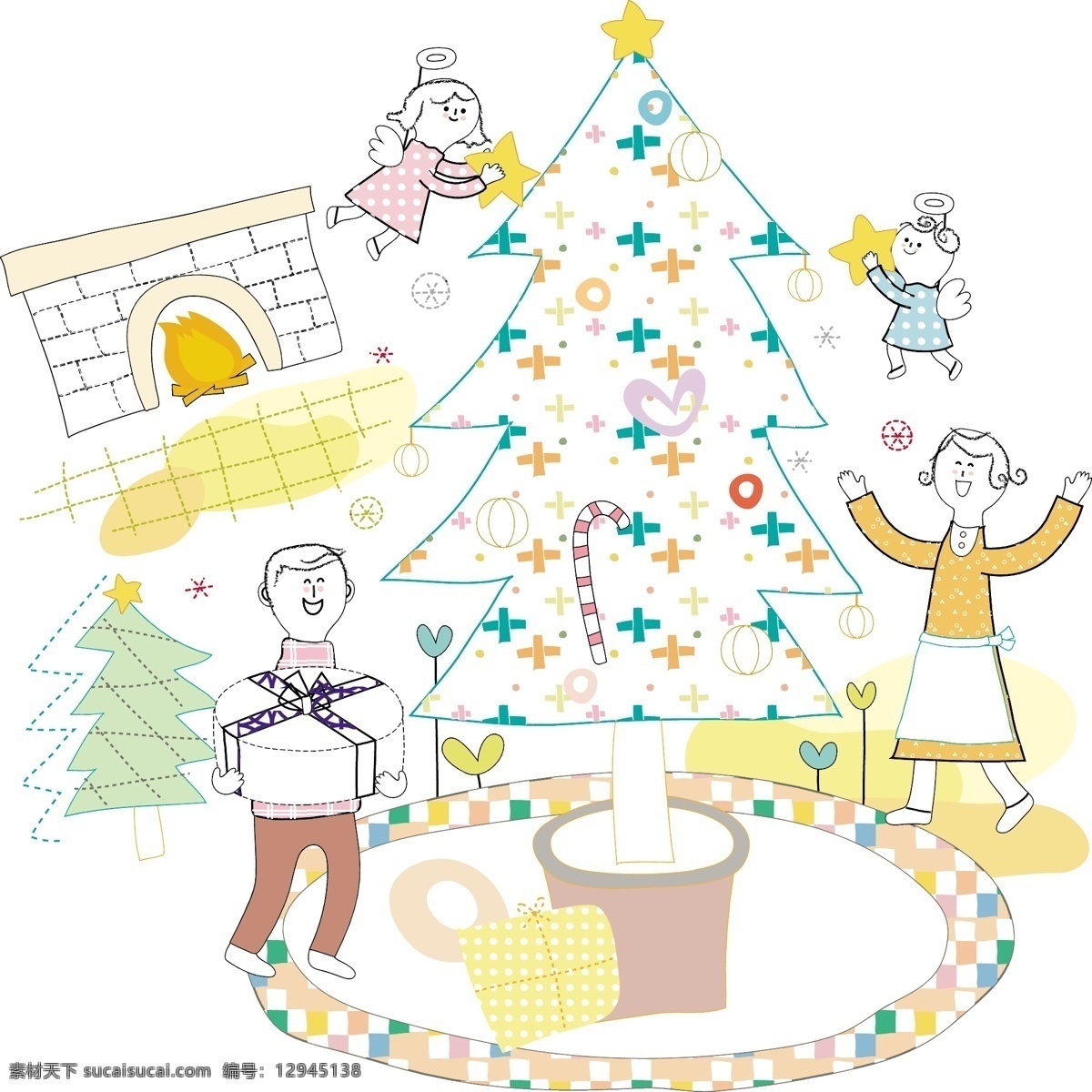 圣诞树 幸福 家庭 插画 psd素材 壁炉 节日 圣诞节 幸福家庭 psd源文件
