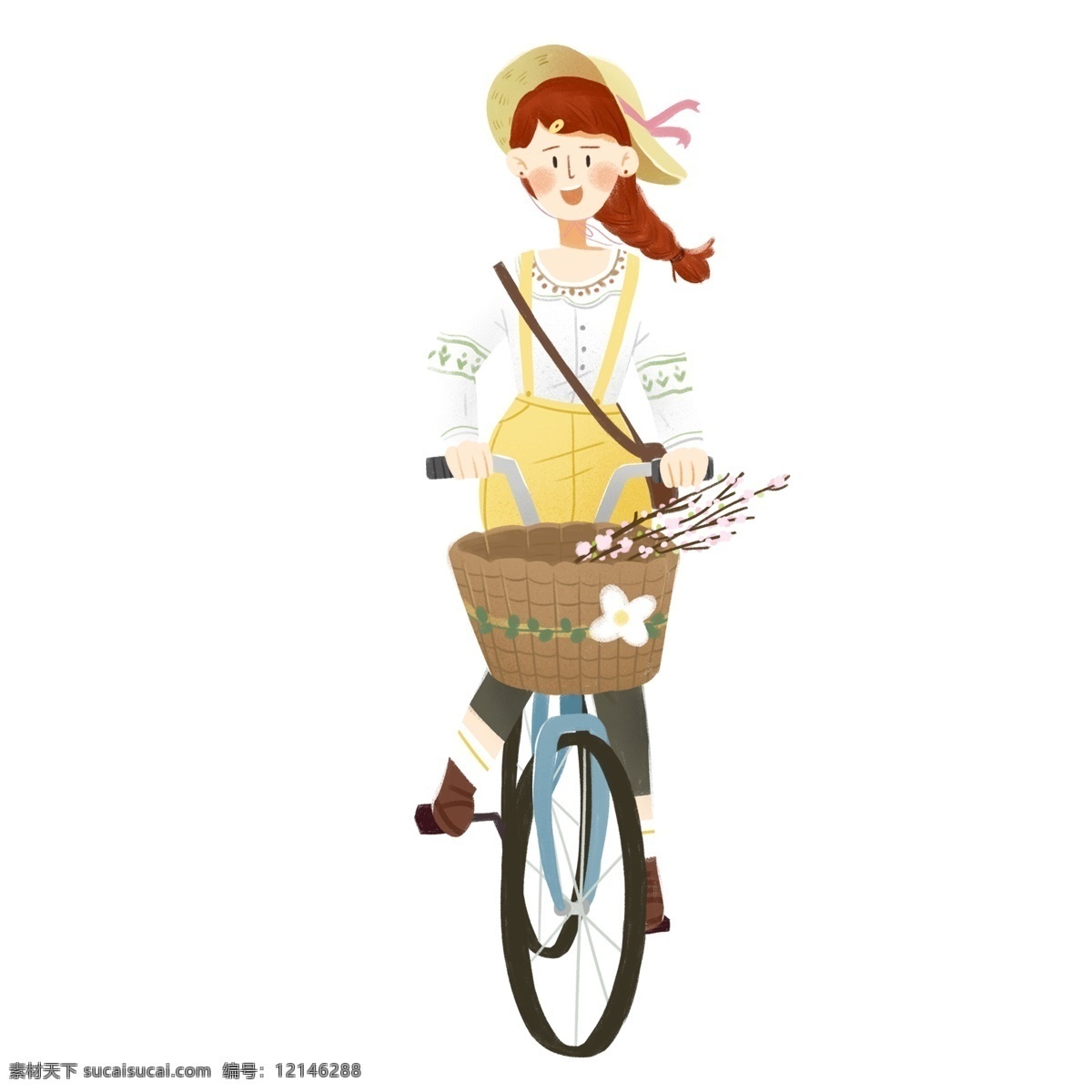 清新 可爱 骑 自行车 女孩 人物 卡通 骑自行 绿色出行 插画