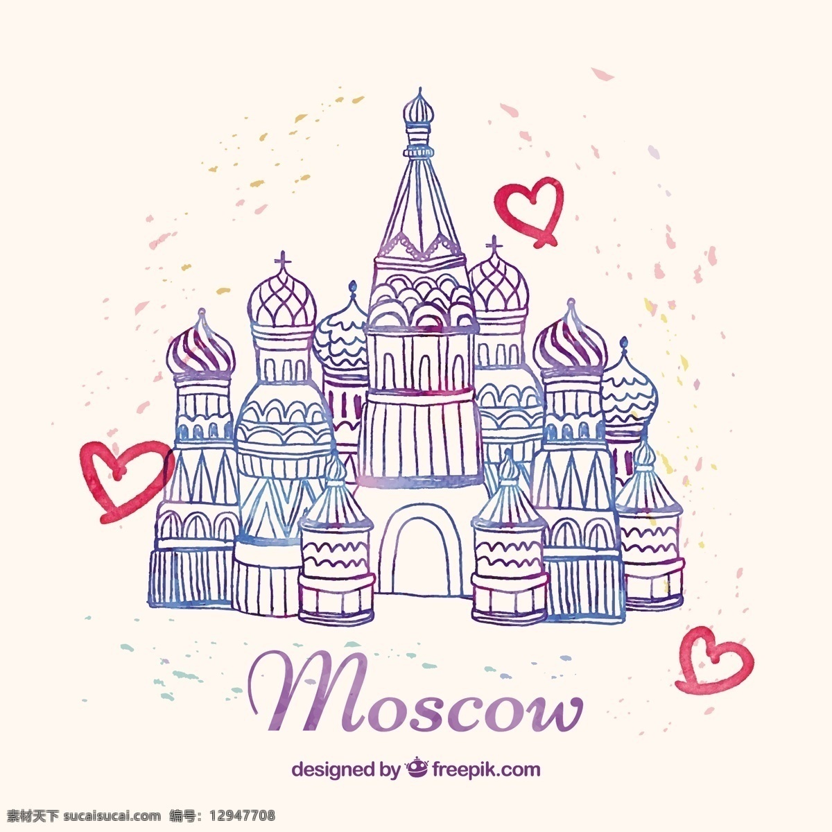 莫斯科纪念碑 心 水彩 市方面 建筑 手绘 涂鸦 教堂 旅游 插图 文化 俄罗斯 地标 城市建筑 绘制 莫斯科 纪念碑 罗勒 白色