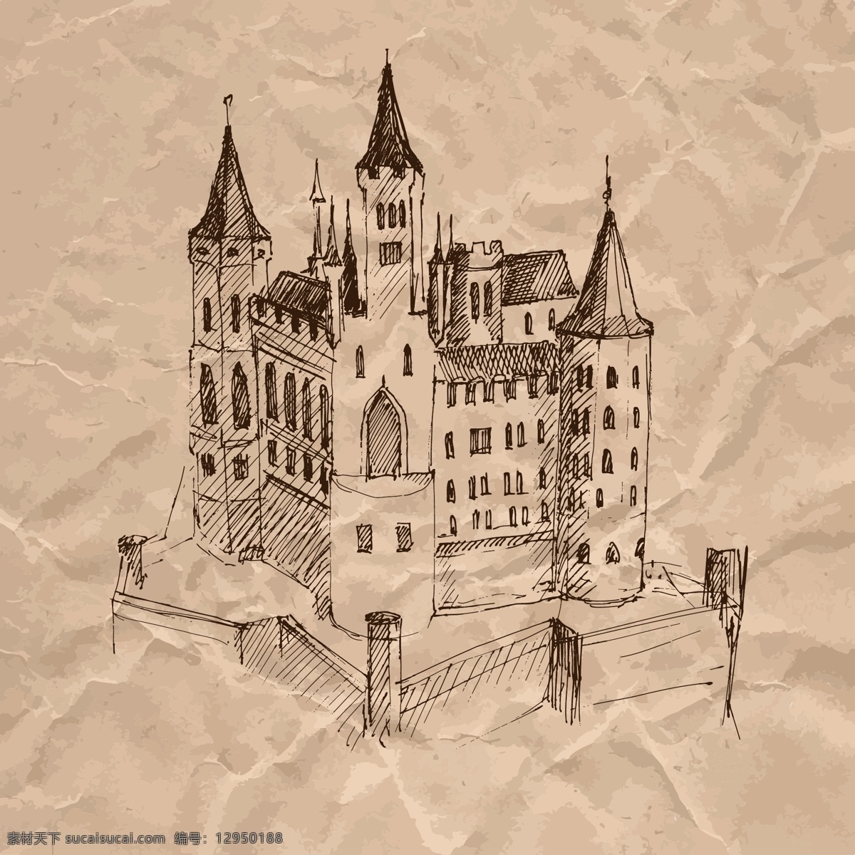 手绘 复古 城堡 插画 建筑 素描 房子