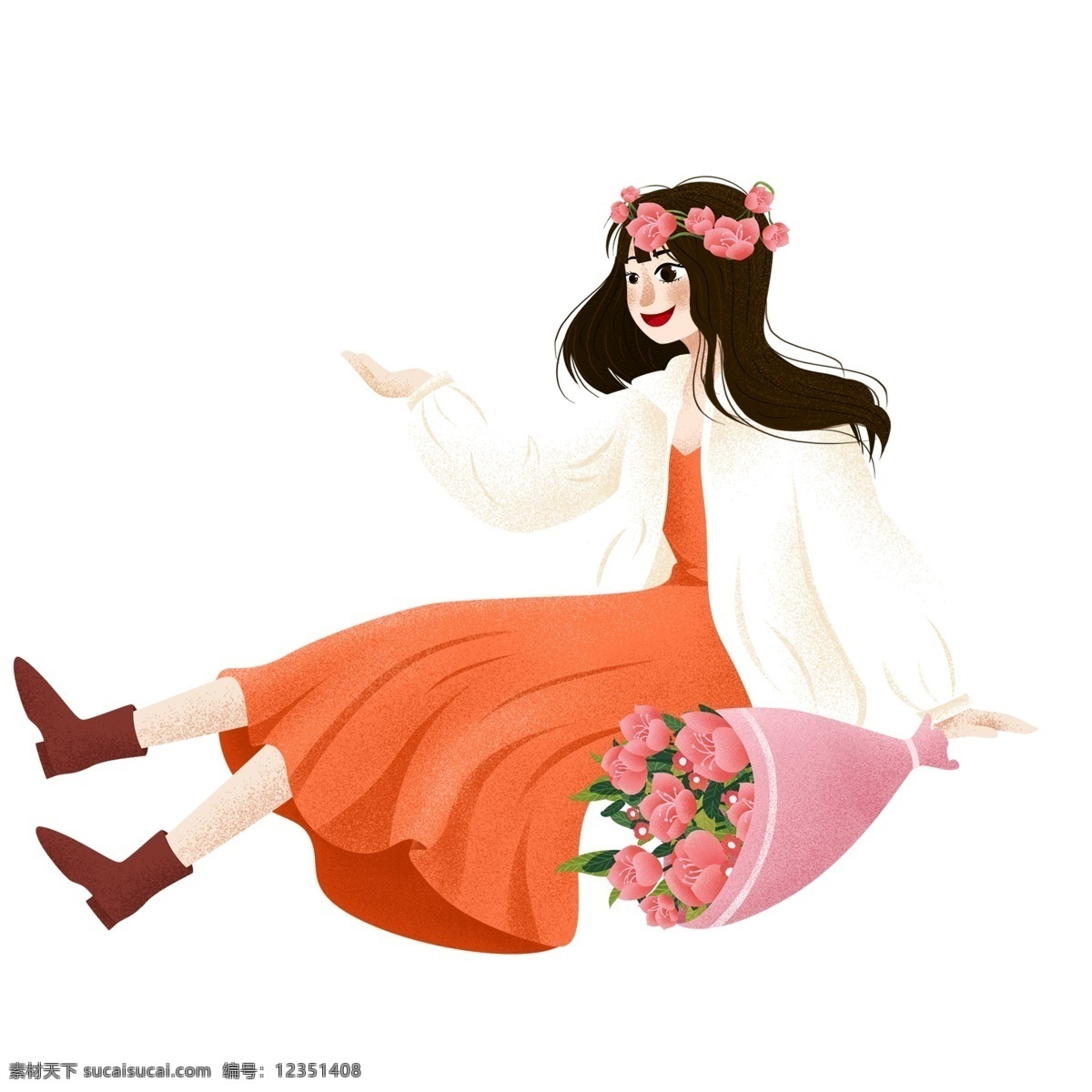 清新 唯美 束 花 坐在 地上 女孩 文艺 手绘 温馨 女生 少女 鲜花 插画