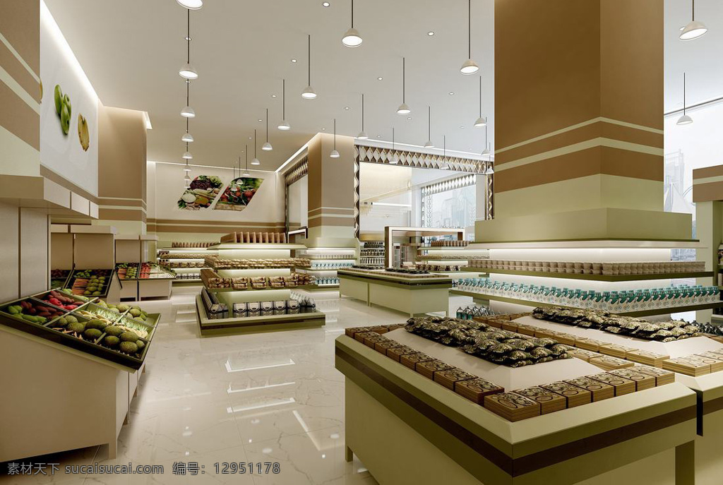 暖色 现代 简约 风格 超市 效果图 室内设计 装修 水果 蔬菜 甜点