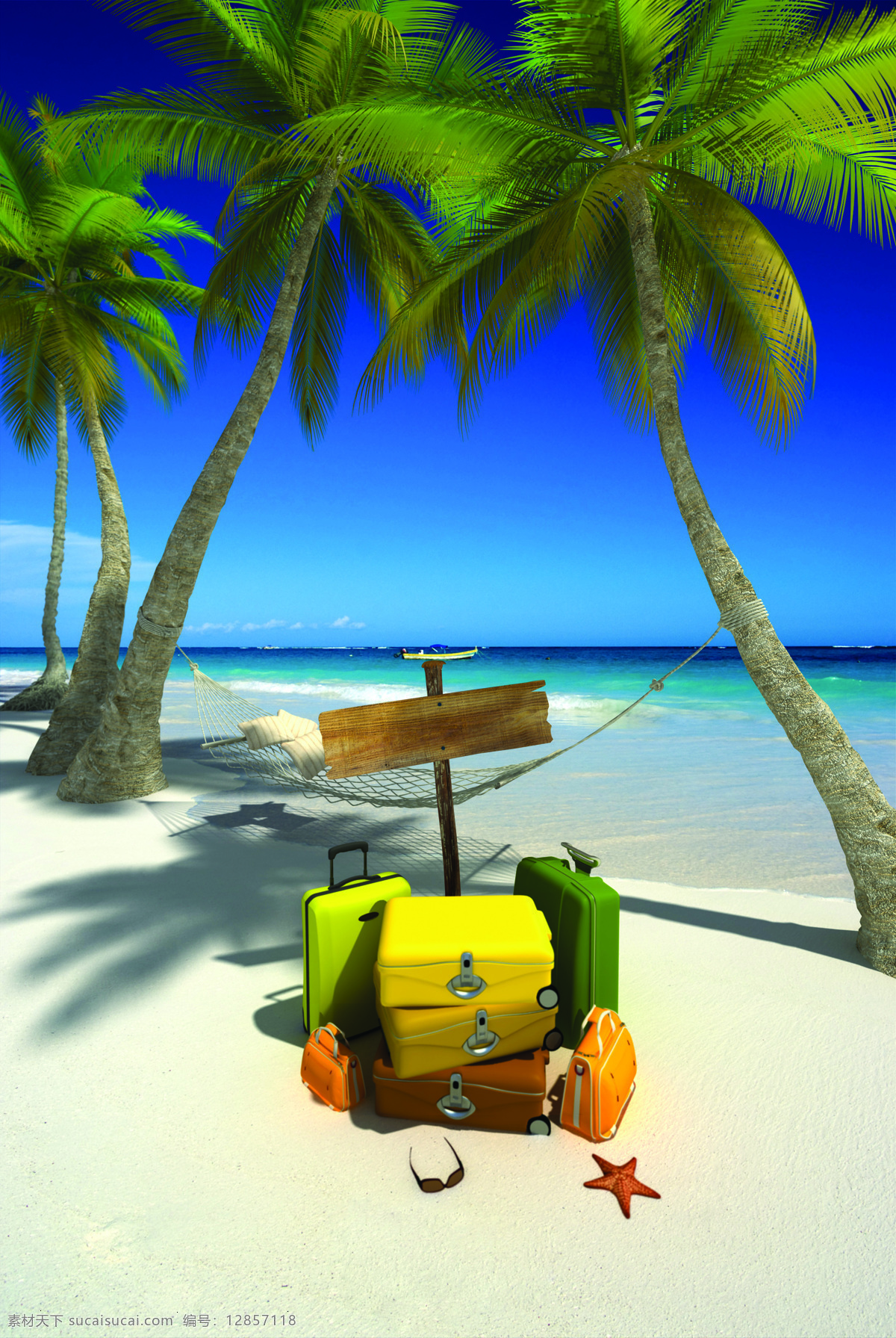 海边 沙滩 上 椰子 树下 皮箱 蓝天 白云 大海 海浪 浪花 树 椰子树 吊床 箱子 海星 墨镜 大海图片 风景图片