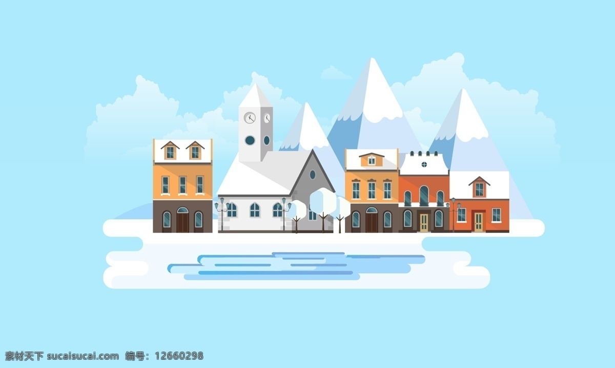 冬天里的房子 风景 插画 雪天 冬天 房子