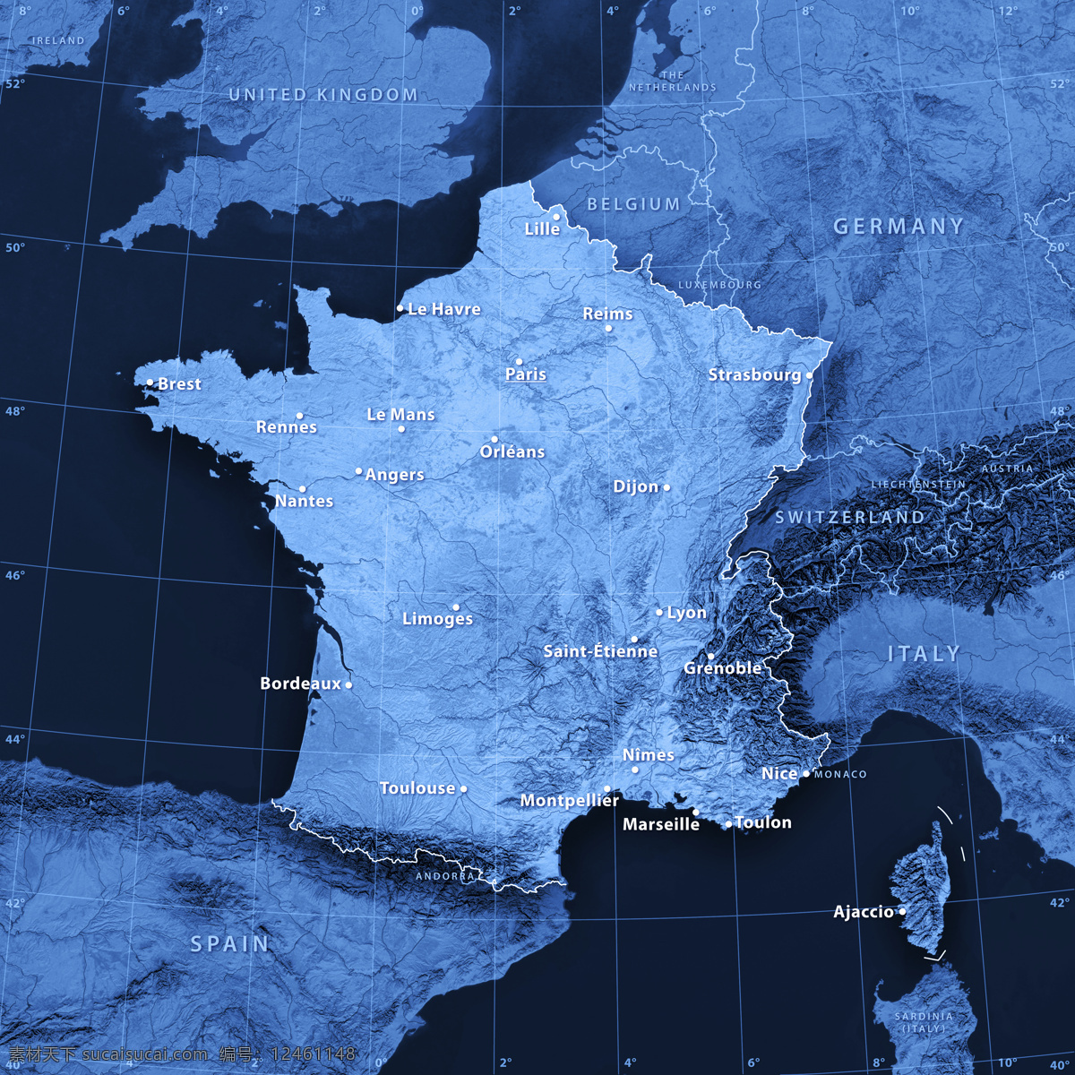 法国 地图 法国地图 蓝色地图 地图模板 经线 纬线 经度 纬度 地图图片 生活百科