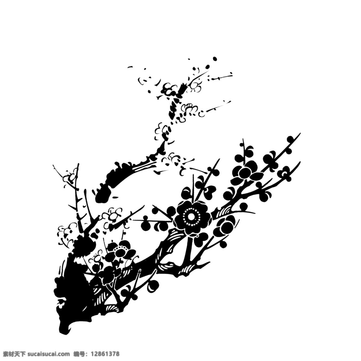 手绘 黑色 水墨 梅花 装饰 卡通手绘 花朵 树枝 水彩