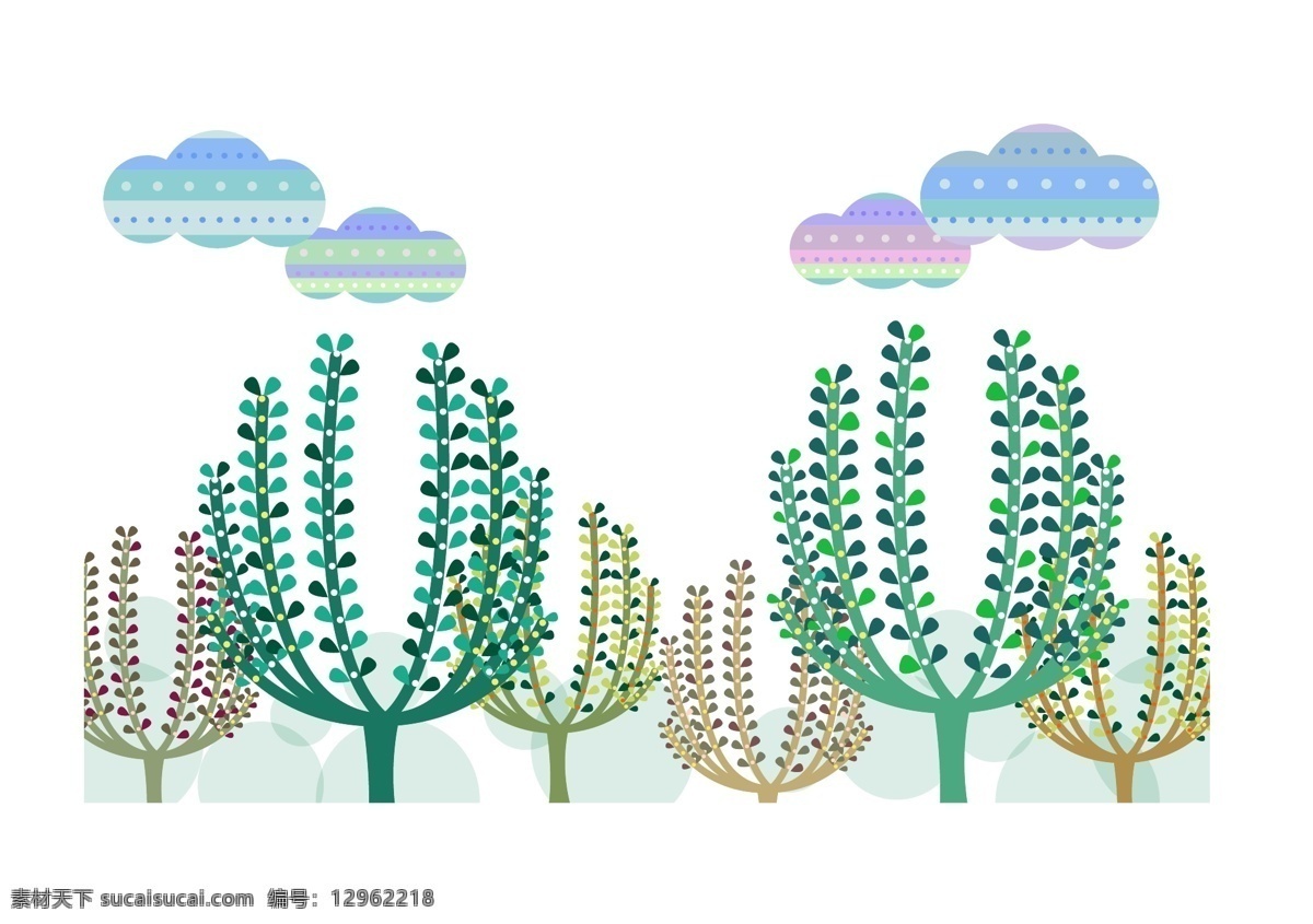 植物 底纹 插画 创意 树木 图案 云朵 矢量图 花纹花边