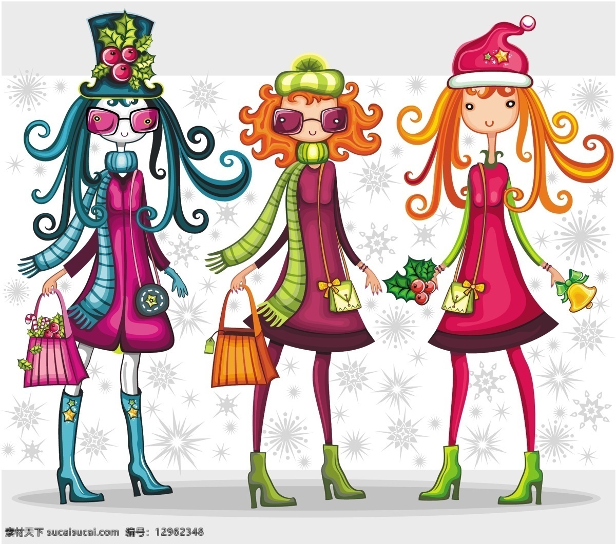 卡通 圣诞 人物 背景 动漫 少女 矢量素材 手提袋 雪花 迎圣诞 矢量图 矢量人物