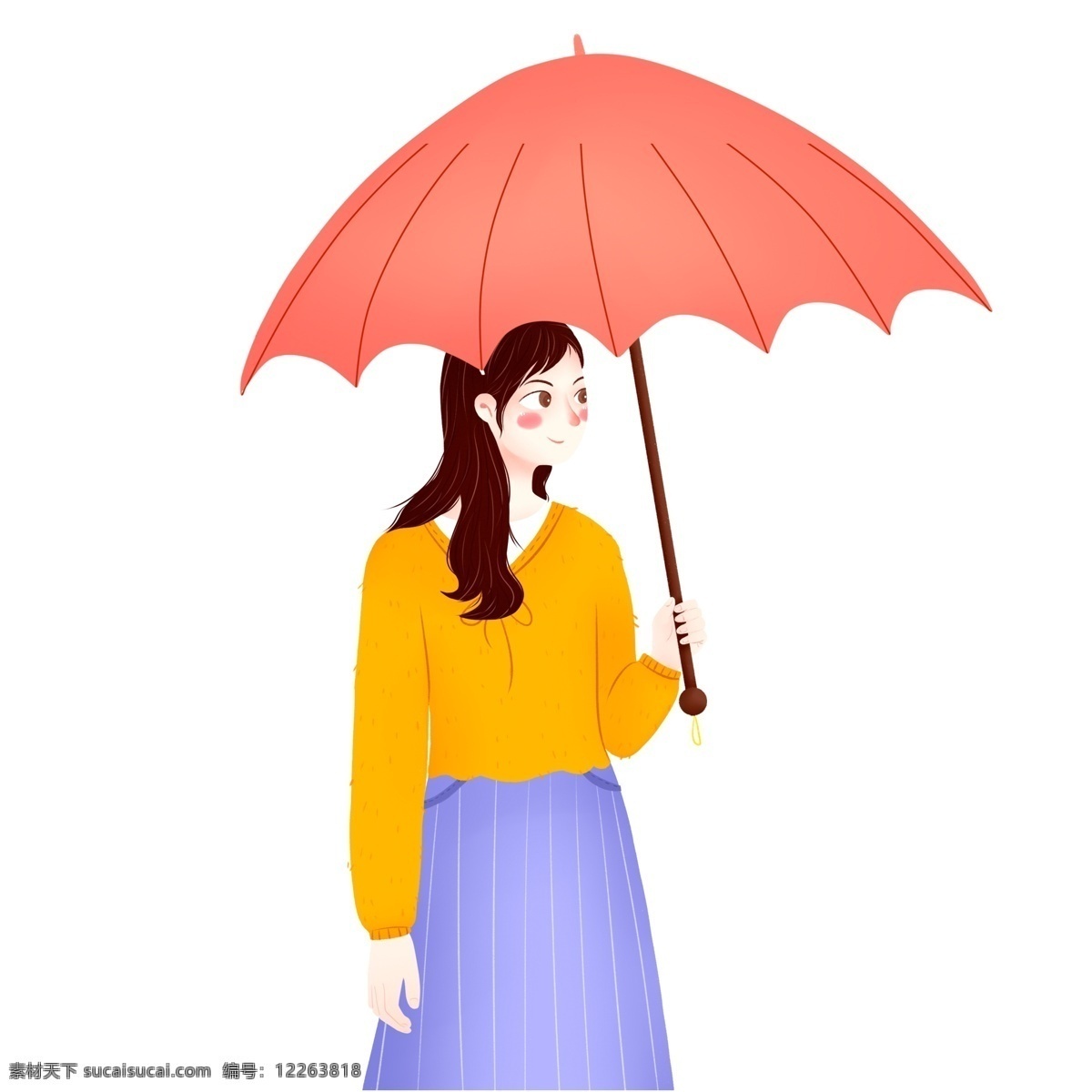 手绘 卡通 撑 红 雨伞 长发 美女 原创 元素 秋天 送别 手绘人物 原创元素 红雨伞 撑着红雨伞 黄衬衣