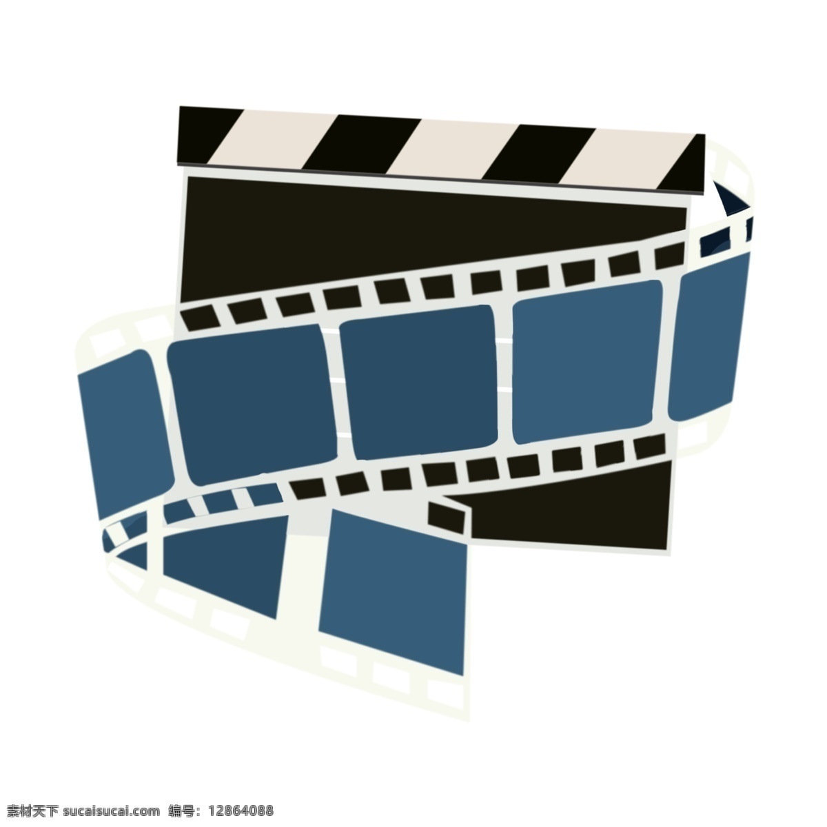 视频 放映 图标 胶卷 插画 拍电影用品 黑色的打板 蓝色的胶卷 卷曲的胶卷 长长的胶卷 视频放映 装饰插画