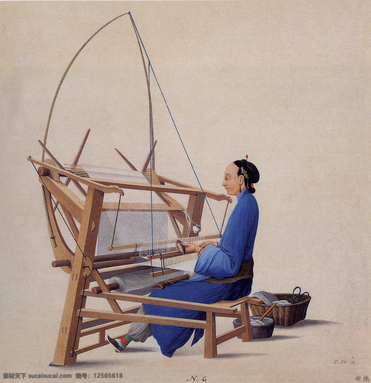 织布 织布机 妇女 箩筐 剪刀 织布的线 灰色底纹 劳动 中国 传统 行业 传统文化 文化艺术