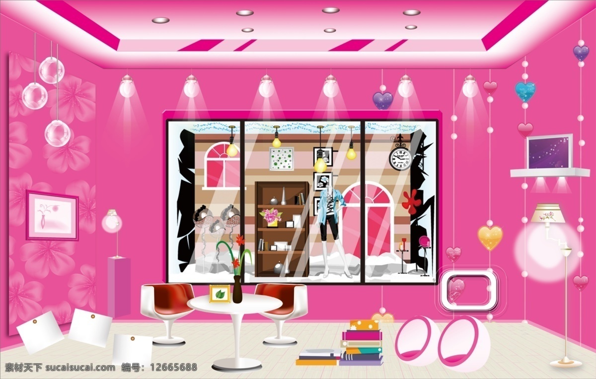 房间 分层 粉红 花纹 建筑家居 卡通 室内设计 衣服 时尚橱窗 桌椅 源文件 家居装饰素材 展示设计