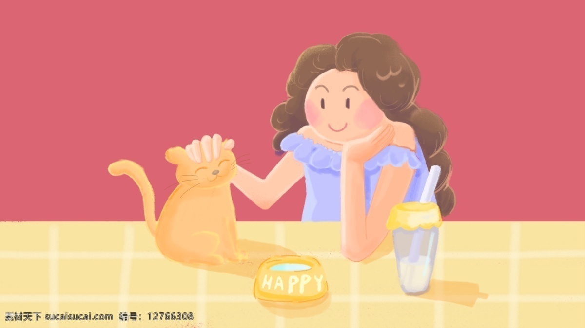 摸猫女孩 温馨时光 黄猫 猫和女孩 暖色调 小清新插画 撸猫 温馨宠物时光 撸猫的女孩
