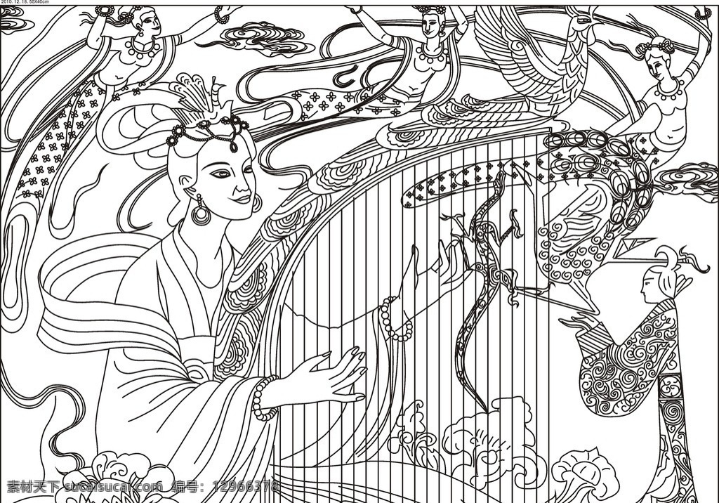 仙女飞升 仙女 乐器 龙 凤 线描 工笔画 黑白 白描 线条 神 神仙 神化 人物 矢量 绘画书法 文化艺术 美术绘画