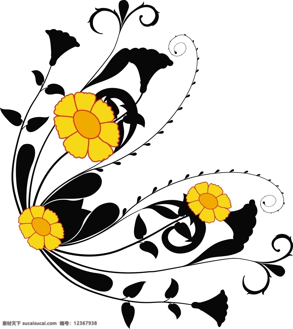 黄色的花 旋流轮廓 白色