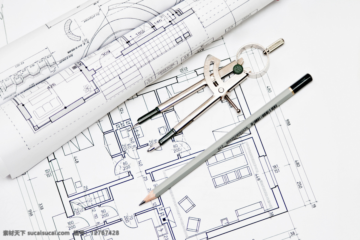 平面图 圆规 铅笔 图纸 设计图 建筑设计图 建筑设计 环境家居