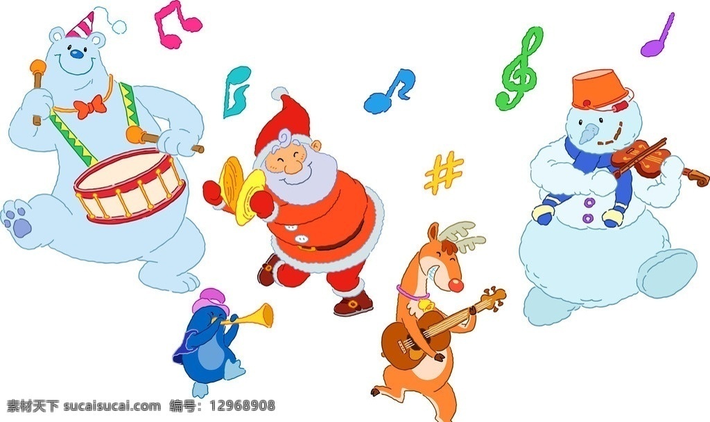 圣诞老人 谈吉他的小鹿 拉手 提琴 雪人 敲鼓的小熊 吹喇叭的企鹅 圣诞素材 圣诞背景 圣诞海报 手绘 背景 底纹 矢量 圣诞主题 圣诞节 节日素材 圣诞专题