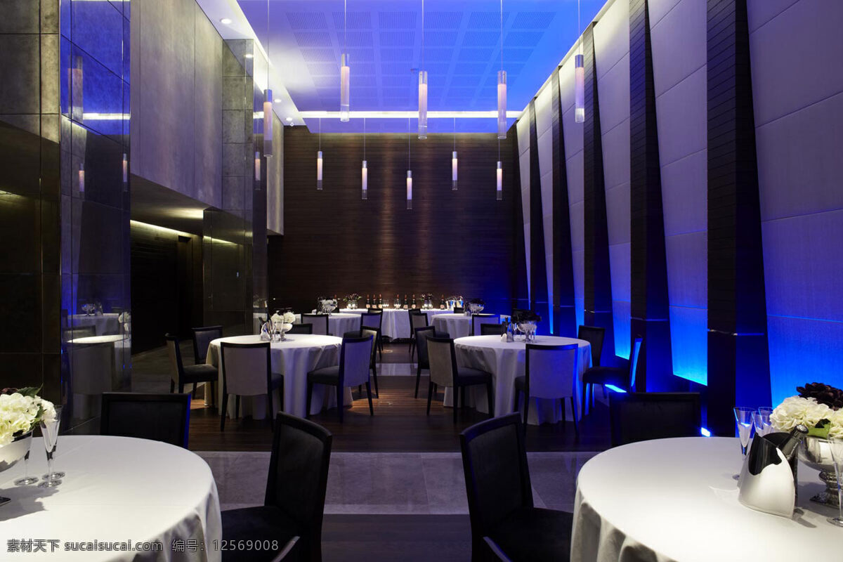 现代 奢华 餐厅 蓝色 射灯 工装 效果图 室内装修 客厅装修 蓝色射灯 白色餐桌 深色地板